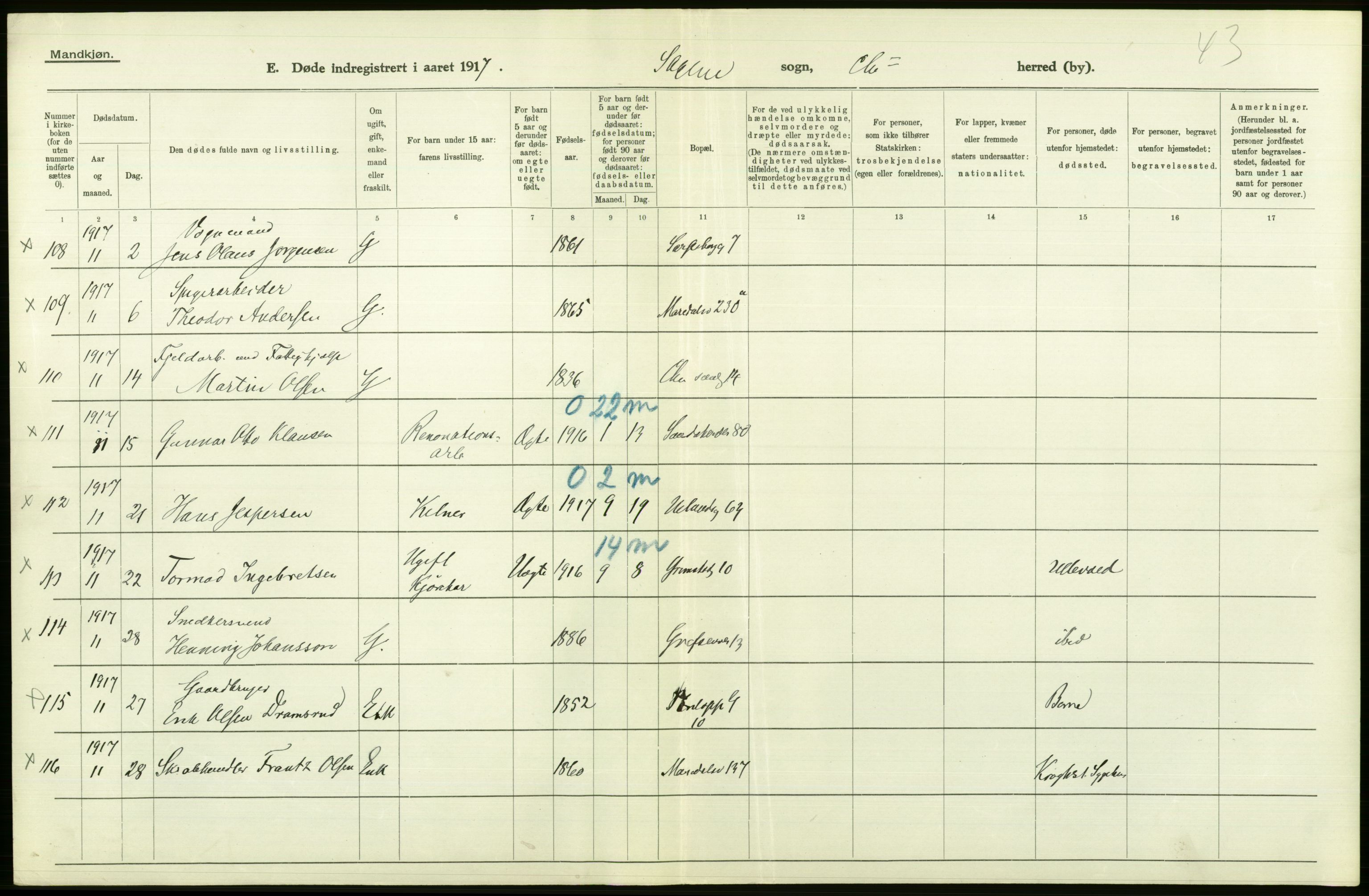 Statistisk sentralbyrå, Sosiodemografiske emner, Befolkning, AV/RA-S-2228/D/Df/Dfb/Dfbg/L0010: Kristiania: Døde, 1917, p. 596