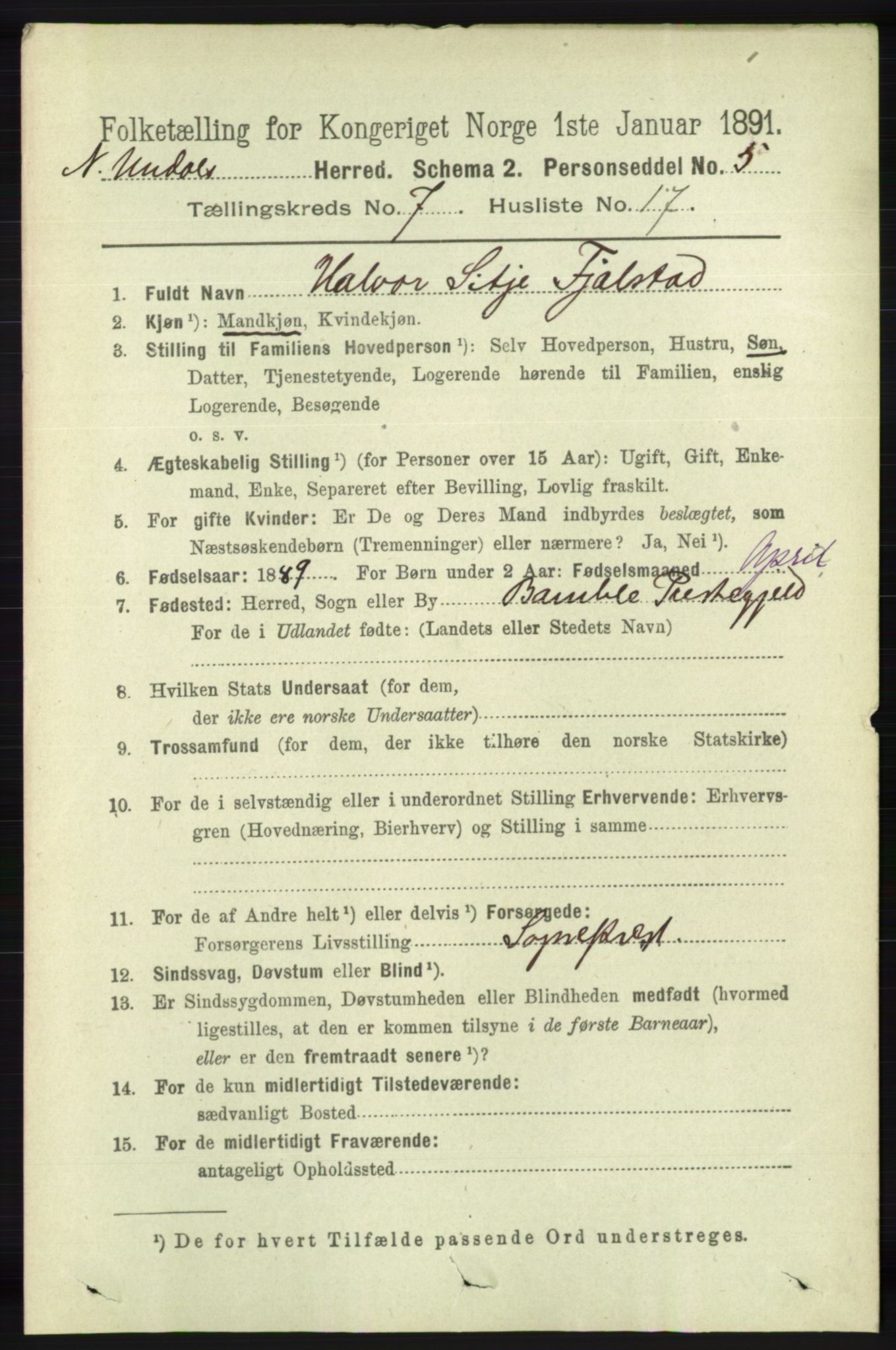 RA, 1891 census for 1028 Nord-Audnedal, 1891, p. 1888