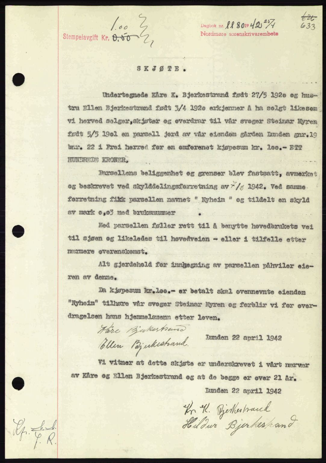 Nordmøre sorenskriveri, AV/SAT-A-4132/1/2/2Ca: Mortgage book no. A92, 1942-1942, Diary no: : 1180/1942