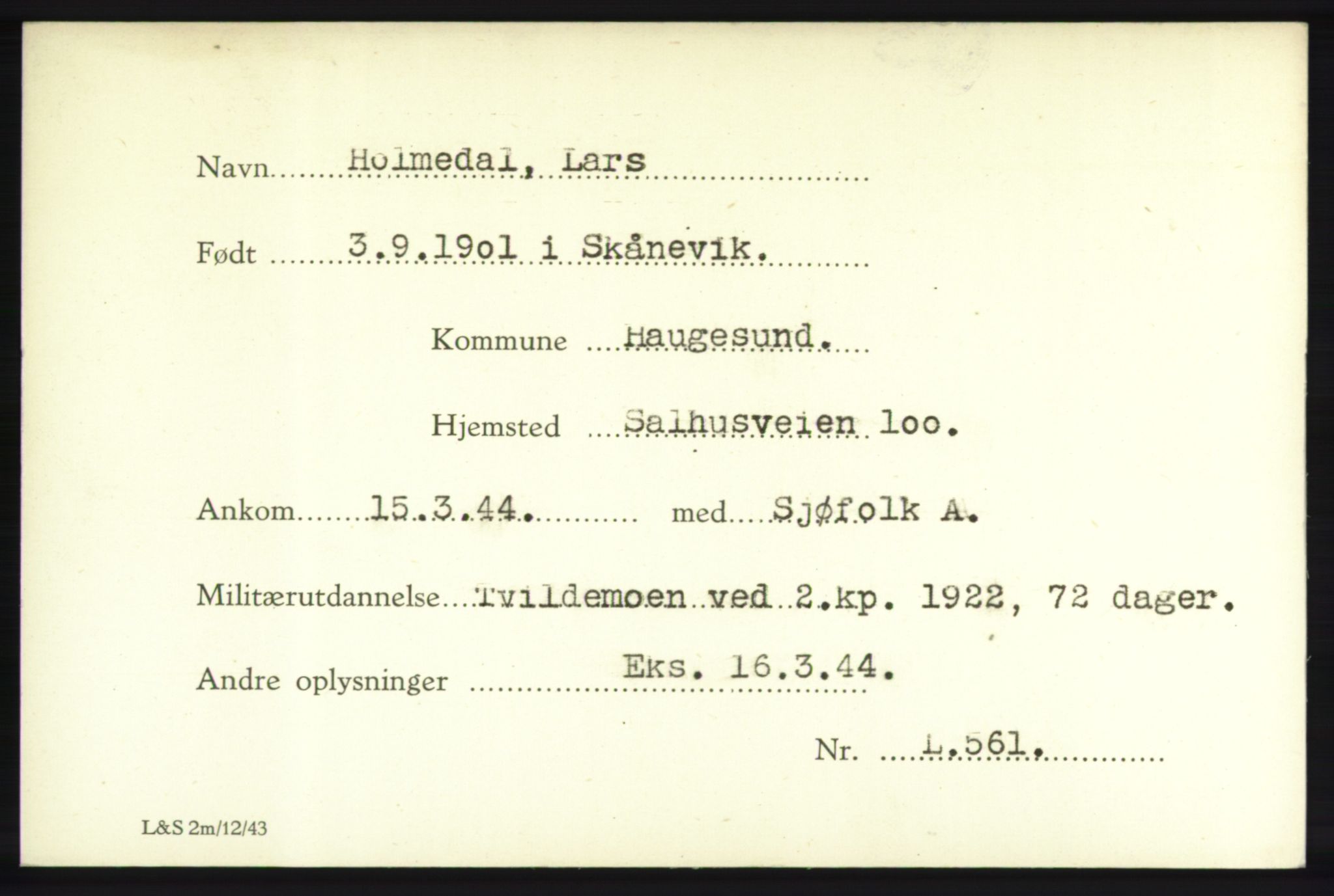 Forsvarets Overkommando. 2. kontor. Arkiv 8.1. Mottakersentralen FDE og FO.II, RA/RAFA-6952/P/Pa/L0009: Holme - Jensrud , 1940-1945, p. 3