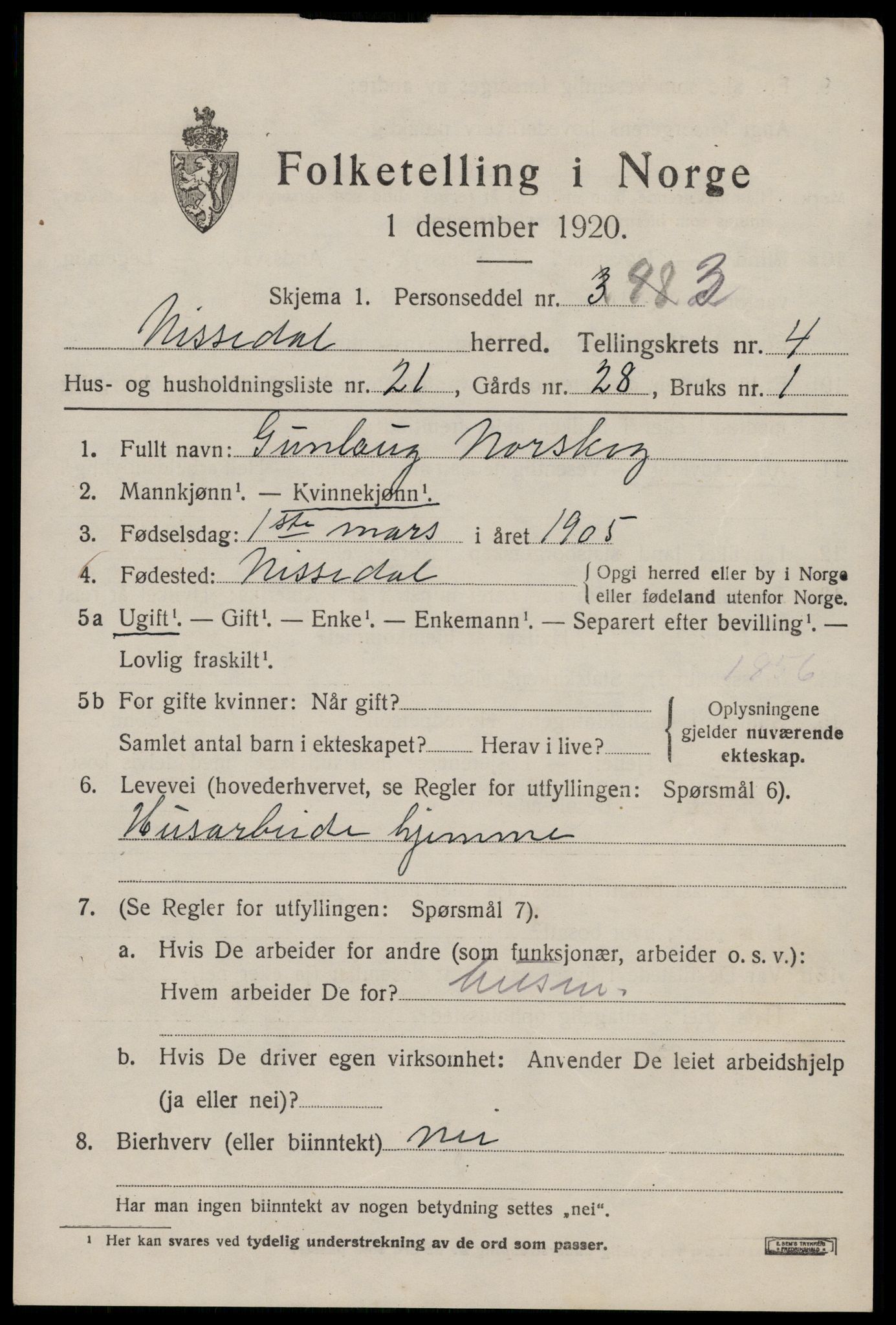 SAKO, 1920 census for Nissedal, 1920, p. 2025
