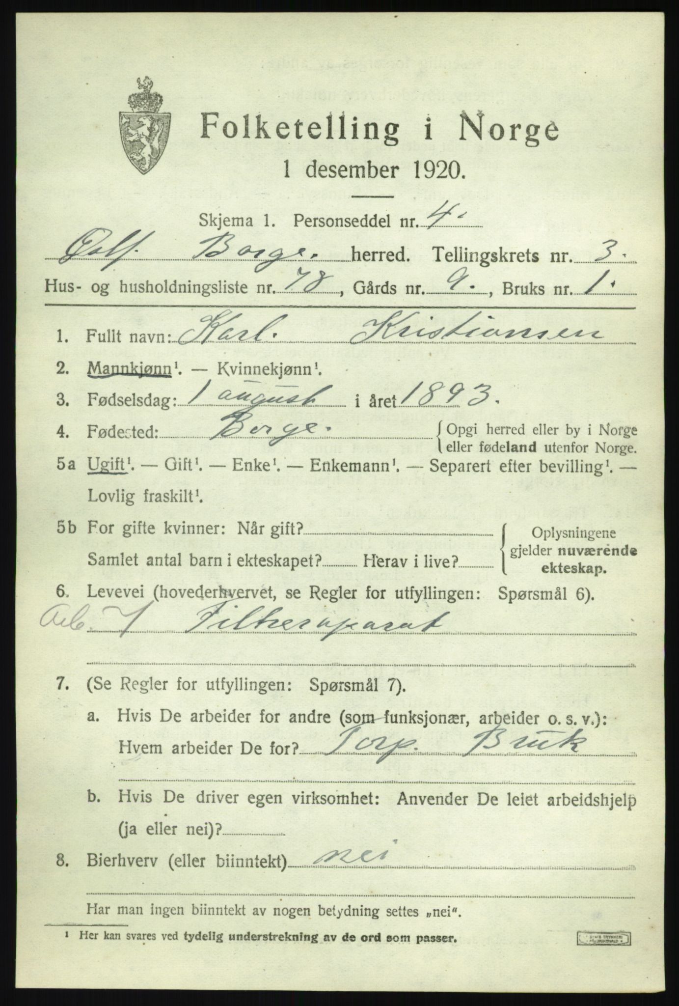 SAO, 1920 census for Borge, 1920, p. 4605