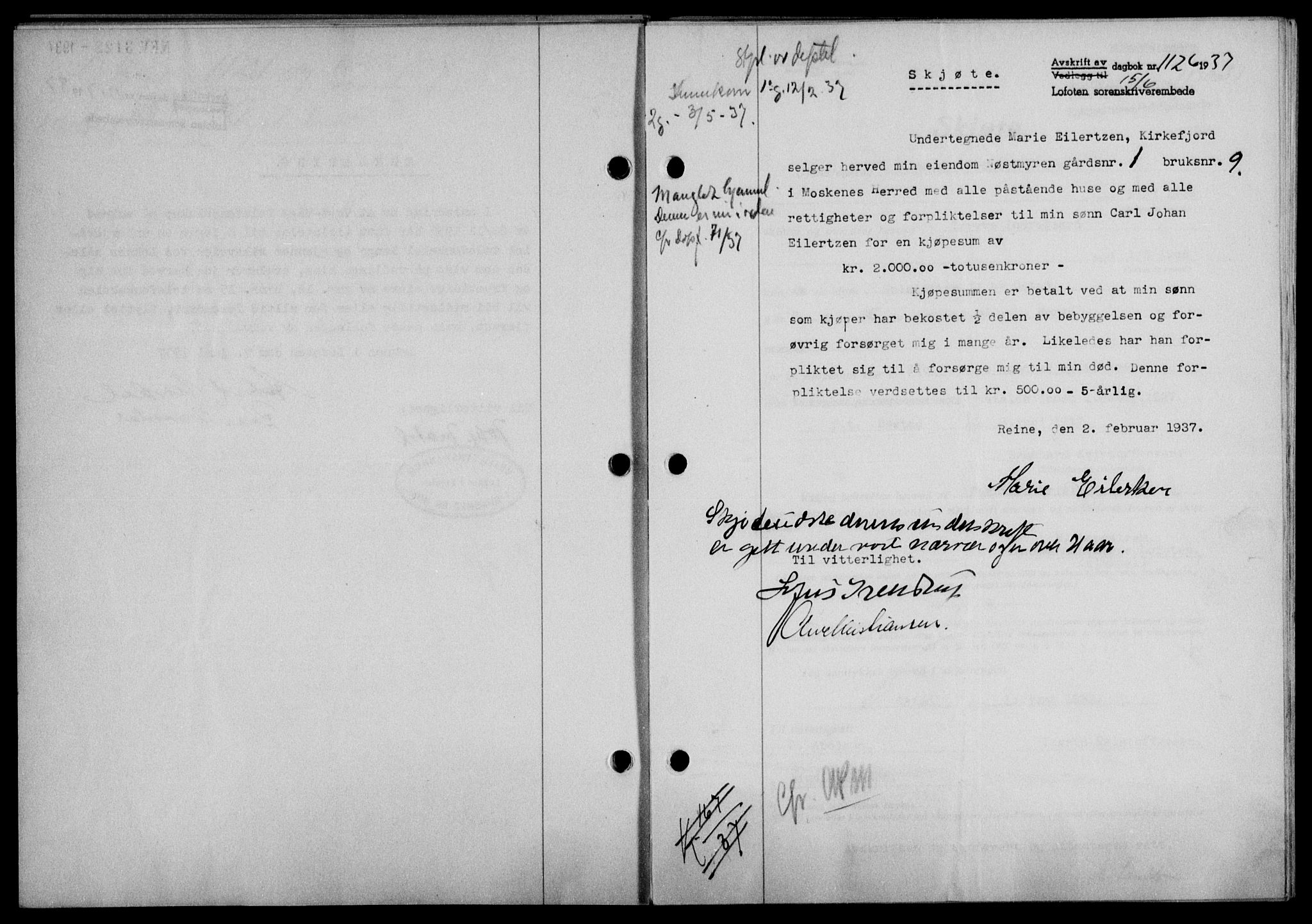 Lofoten sorenskriveri, SAT/A-0017/1/2/2C/L0002a: Mortgage book no. 2a, 1937-1937, Diary no: : 1126/1937