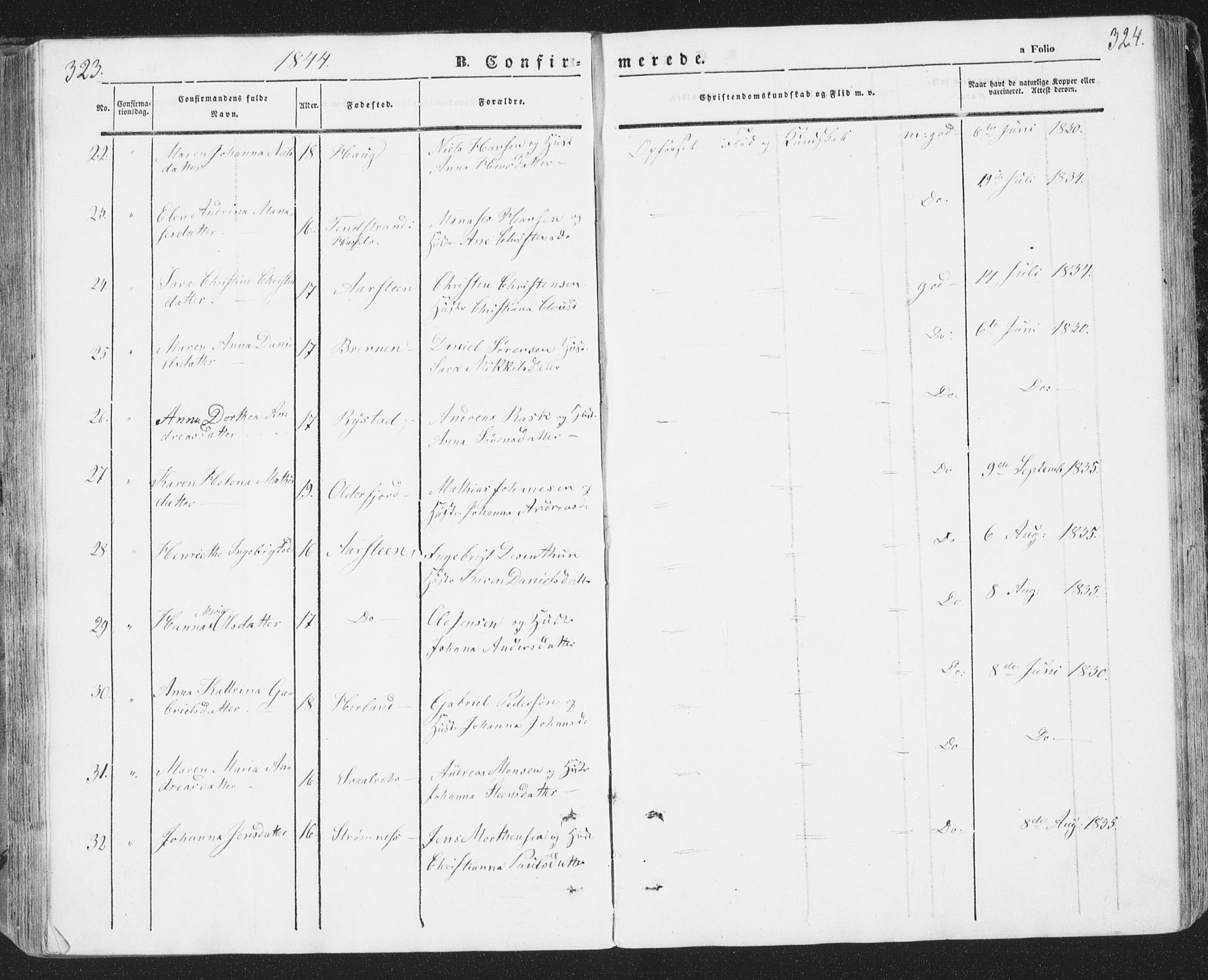 Ministerialprotokoller, klokkerbøker og fødselsregistre - Nordland, AV/SAT-A-1459/874/L1072: Parish register (copy) no. 874C01, 1843-1859, p. 323-324