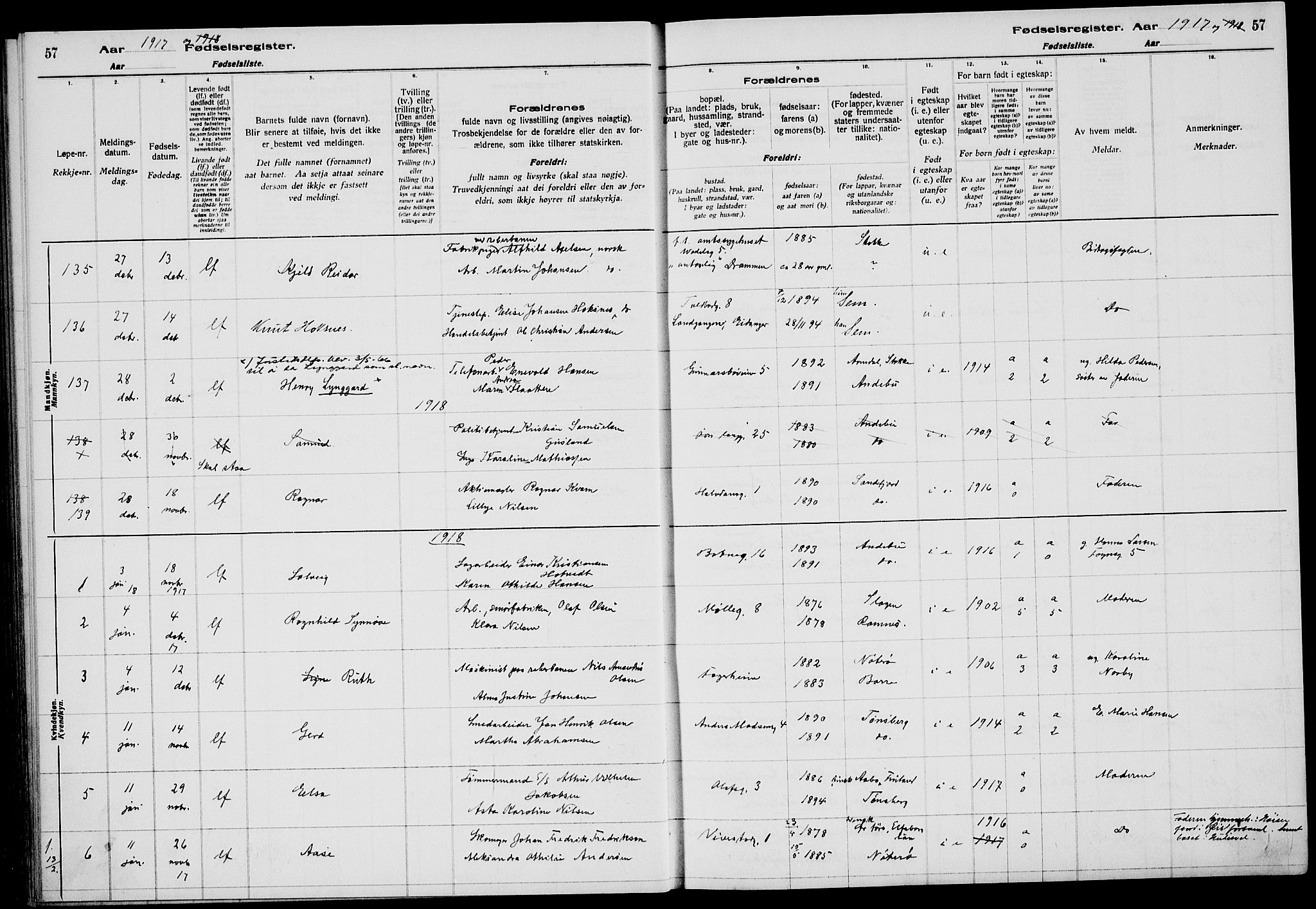 Tønsberg kirkebøker, AV/SAKO-A-330/J/Ja/L0001: Birth register no. 1, 1916-1922, p. 57