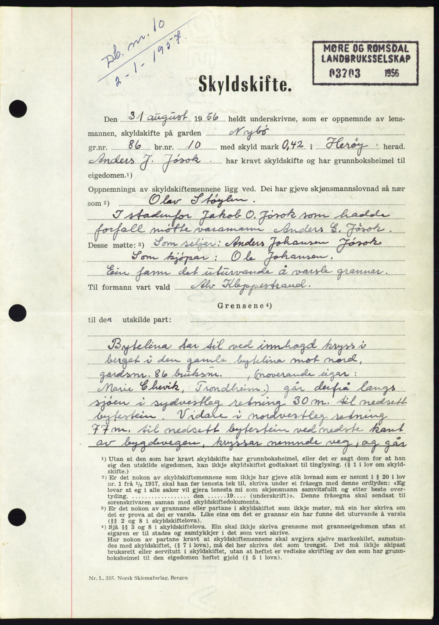 Søre Sunnmøre sorenskriveri, AV/SAT-A-4122/1/2/2C/L0105: Mortgage book no. 31A, 1956-1957, Diary no: : 10/1957