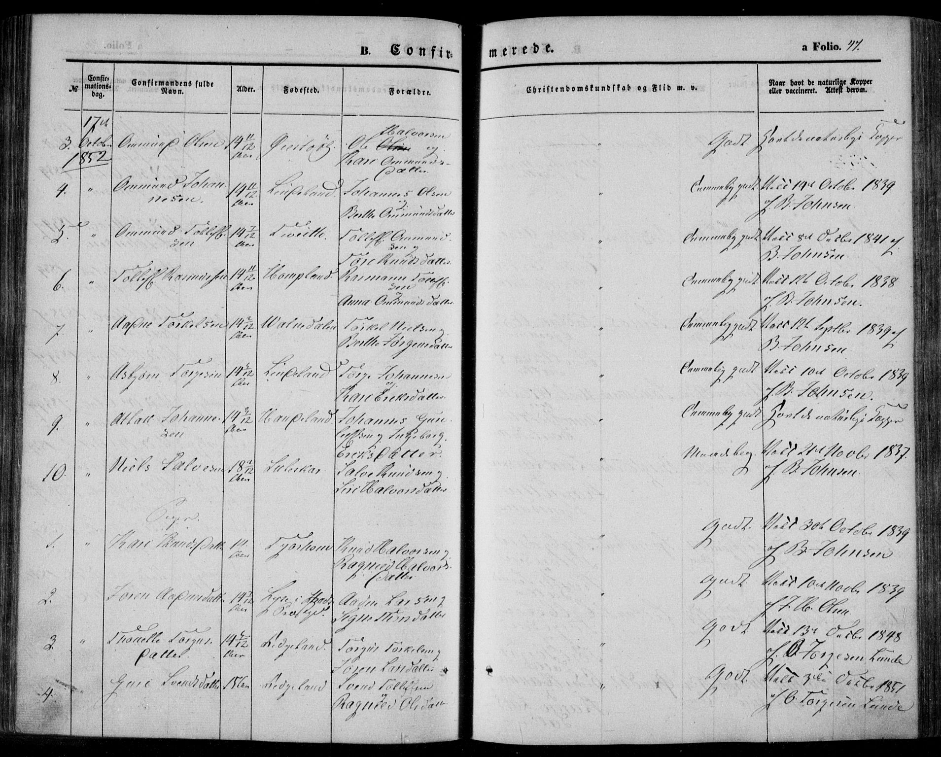 Bakke sokneprestkontor, AV/SAK-1111-0002/F/Fa/Faa/L0005: Parish register (official) no. A 5, 1847-1855, p. 47