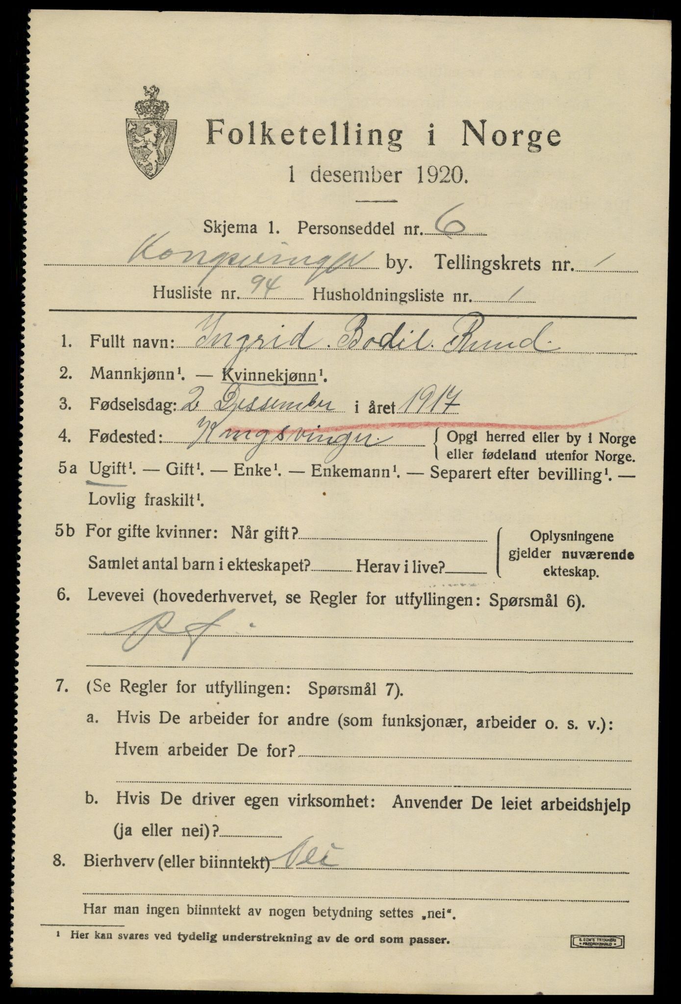 SAH, 1920 census for Kongsvinger, 1920, p. 3321