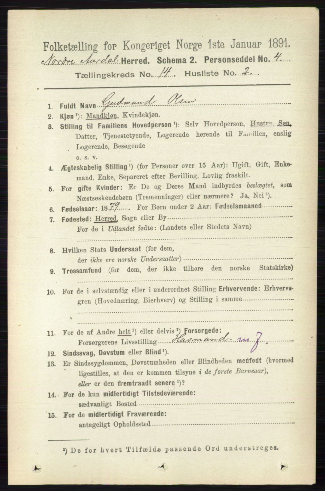 RA, 1891 census for 0542 Nord-Aurdal, 1891, p. 5219