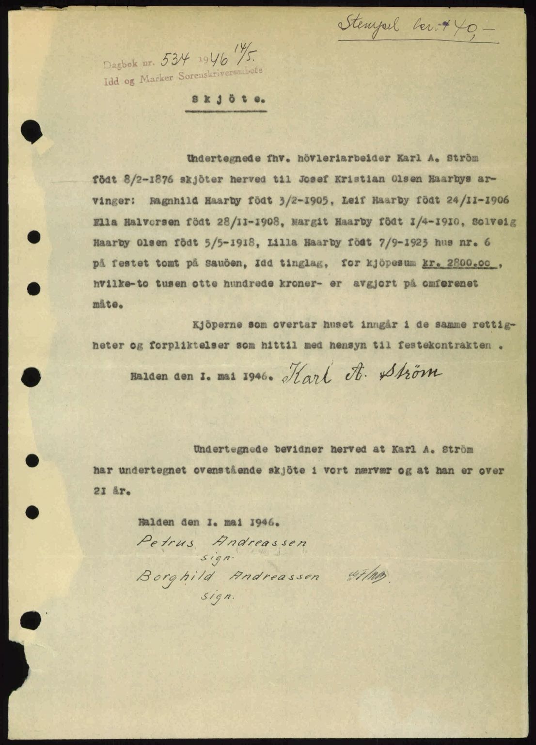 Idd og Marker sorenskriveri, AV/SAO-A-10283/G/Gb/Gbb/L0008: Mortgage book no. A8, 1946-1946, Diary no: : 534/1946