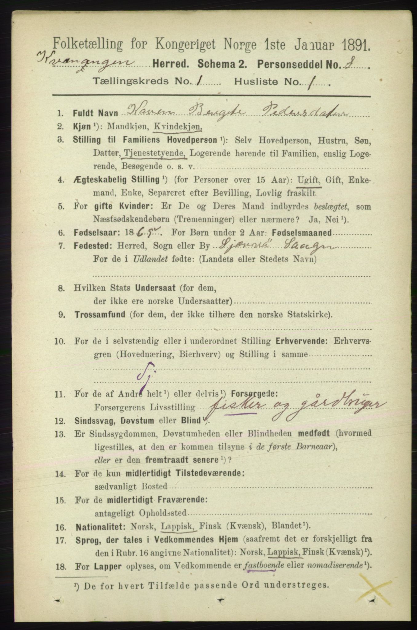 RA, 1891 census for 1943 Kvænangen, 1891, p. 62