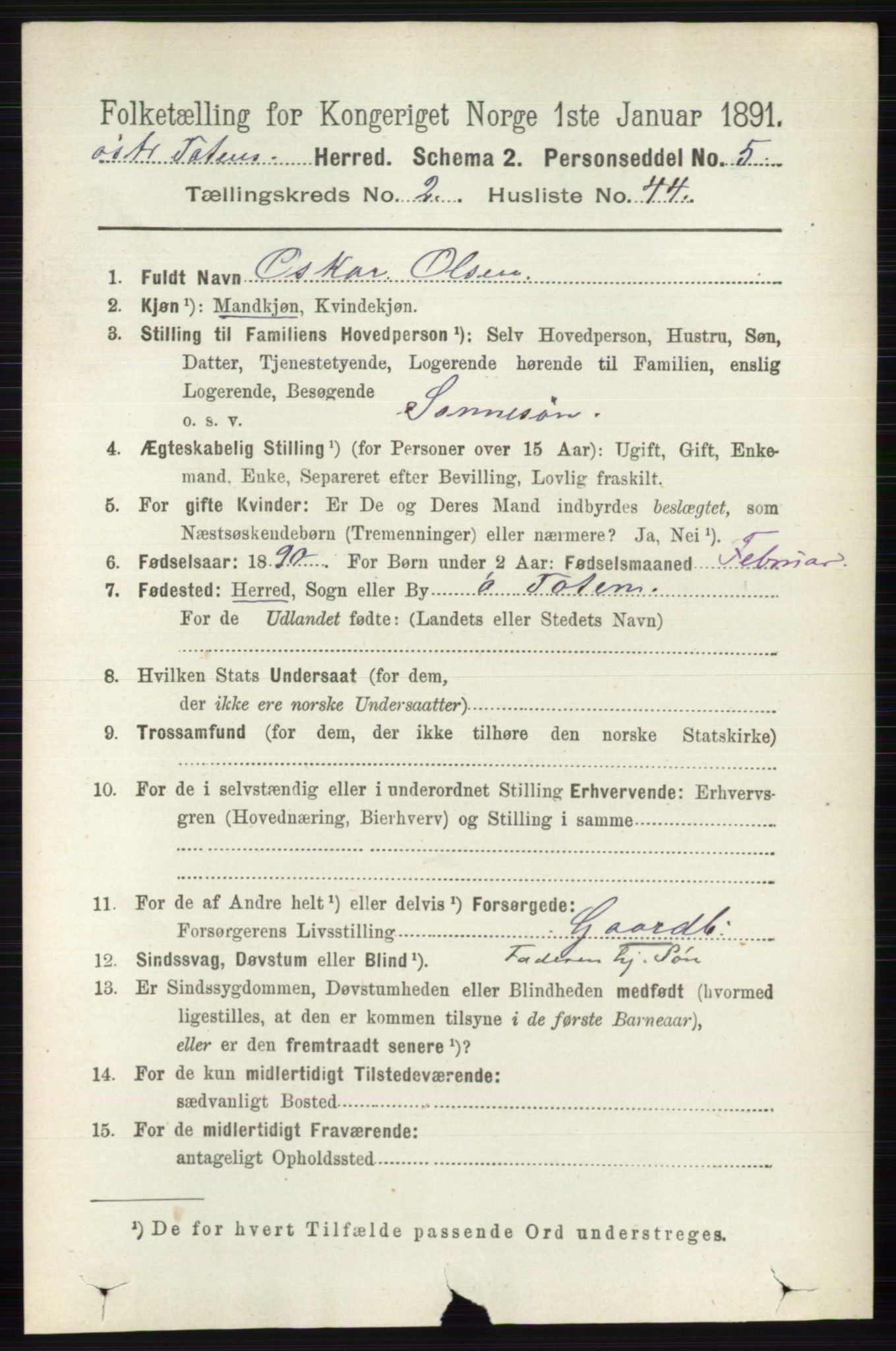 RA, 1891 census for 0528 Østre Toten, 1891, p. 1036