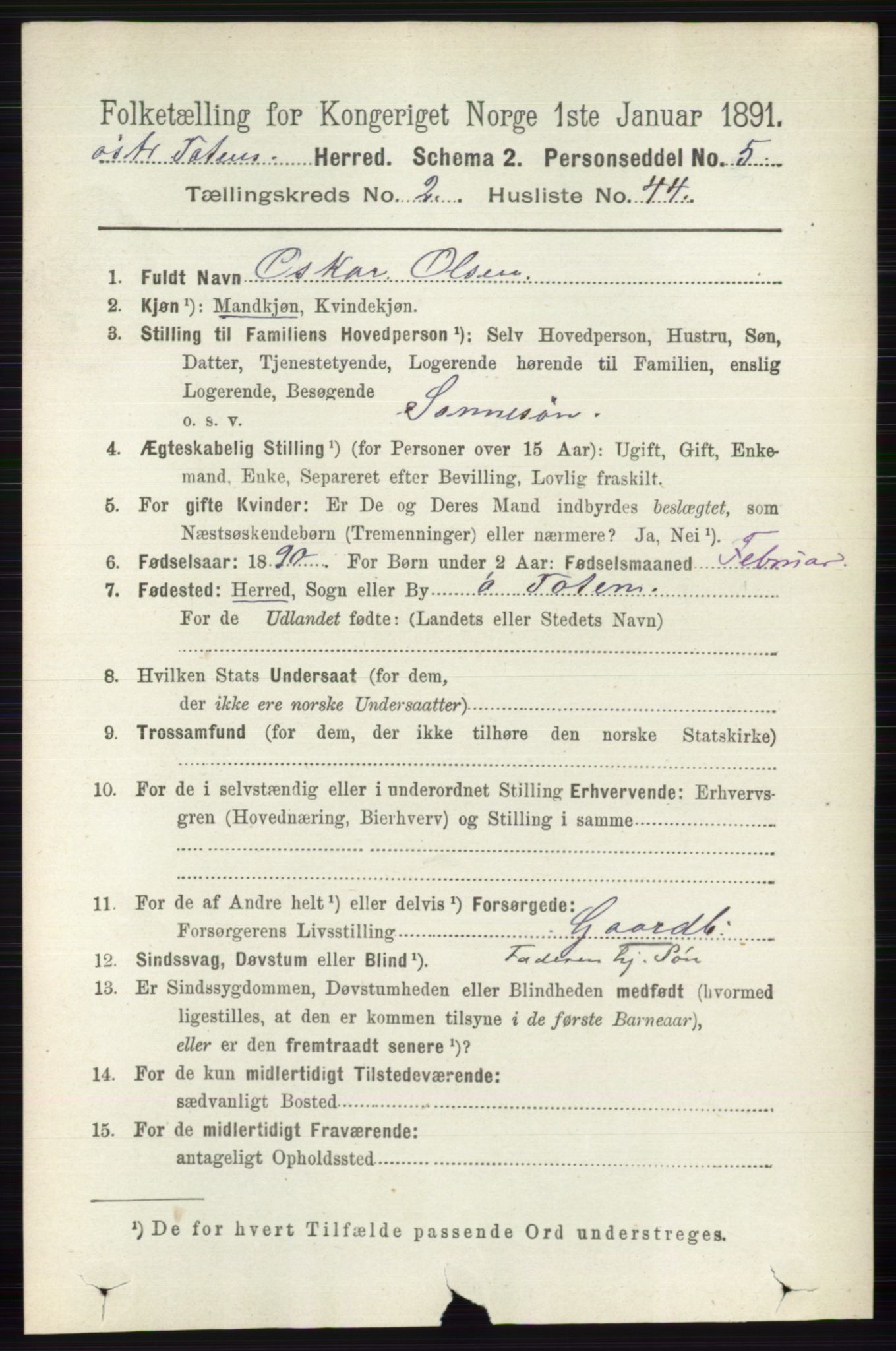 RA, 1891 census for 0528 Østre Toten, 1891, p. 1036