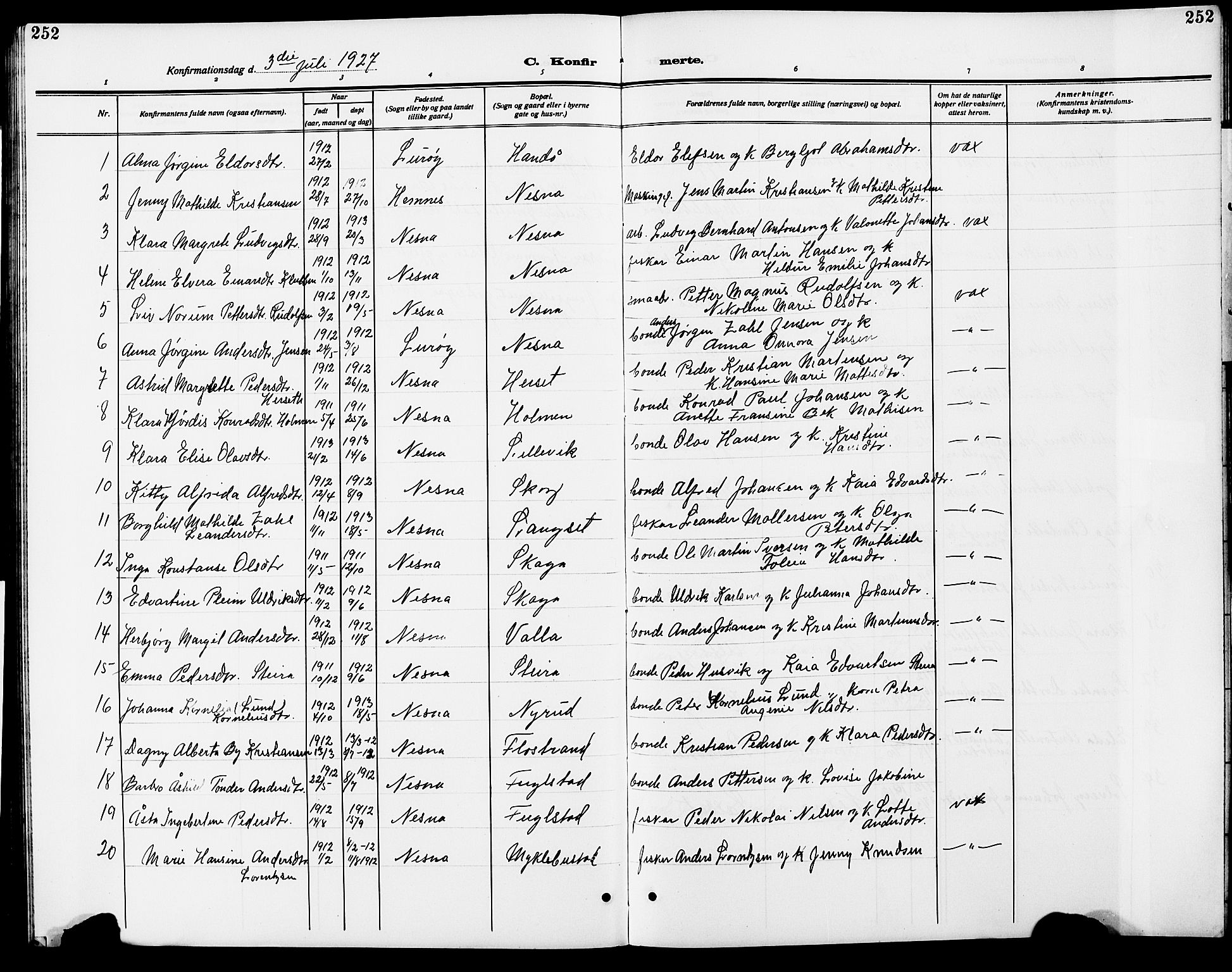 Ministerialprotokoller, klokkerbøker og fødselsregistre - Nordland, AV/SAT-A-1459/838/L0560: Parish register (copy) no. 838C07, 1910-1928, p. 252