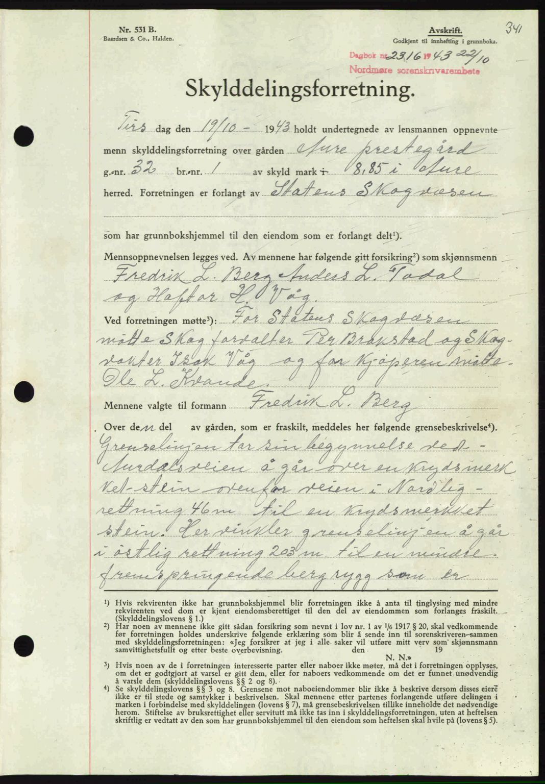 Nordmøre sorenskriveri, SAT/A-4132/1/2/2Ca: Mortgage book no. A96, 1943-1944, Diary no: : 2316/1943