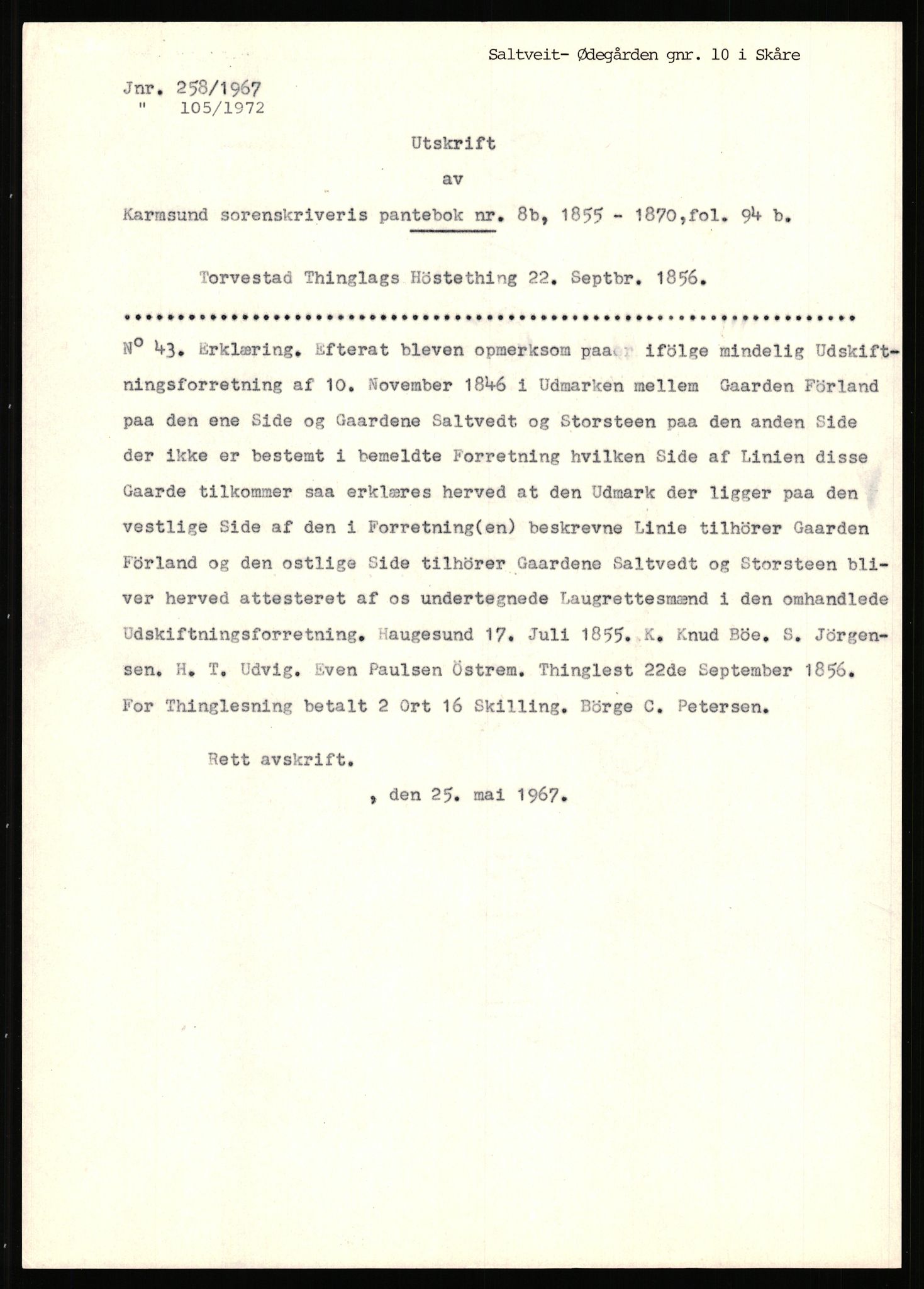 Statsarkivet i Stavanger, AV/SAST-A-101971/03/Y/Yj/L0072: Avskrifter sortert etter gårdsnavn: Sagbakken - Sandstøl indre, 1750-1930, p. 281