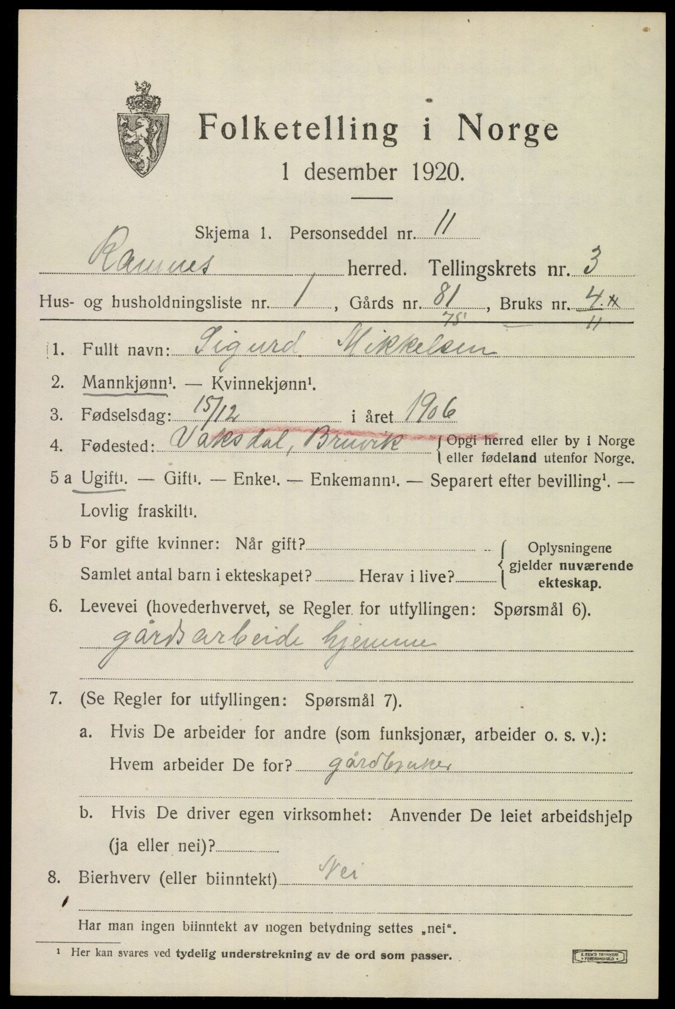 SAKO, 1920 census for Ramnes, 1920, p. 3260