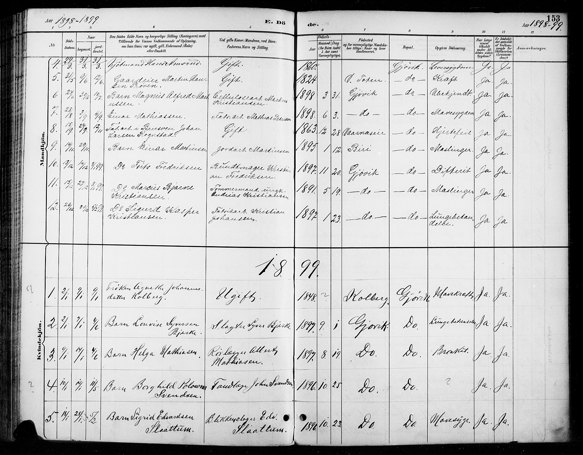 Vardal prestekontor, SAH/PREST-100/H/Ha/Haa/L0011: Parish register (official) no. 11, 1891-1901, p. 153