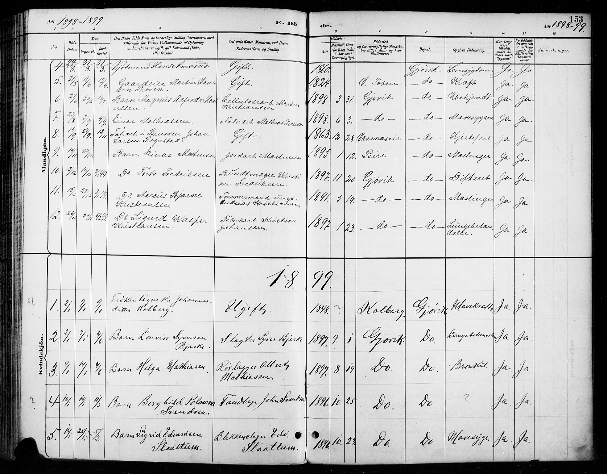 Vardal prestekontor, AV/SAH-PREST-100/H/Ha/Haa/L0011: Parish register (official) no. 11, 1891-1901, p. 153