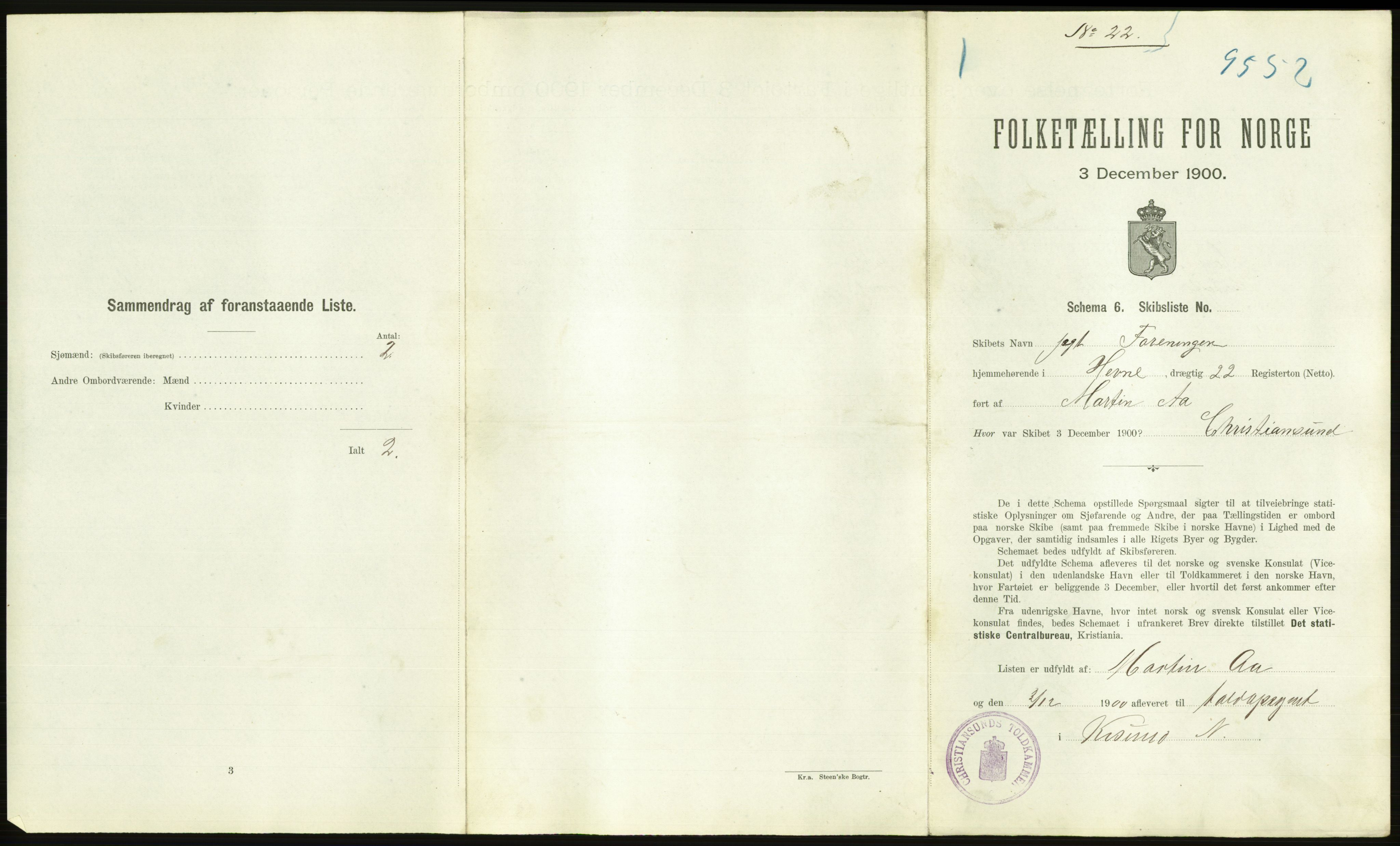 RA, 1900 Census - ship lists from ships in Norwegian harbours, harbours abroad and at sea, 1900, p. 2165