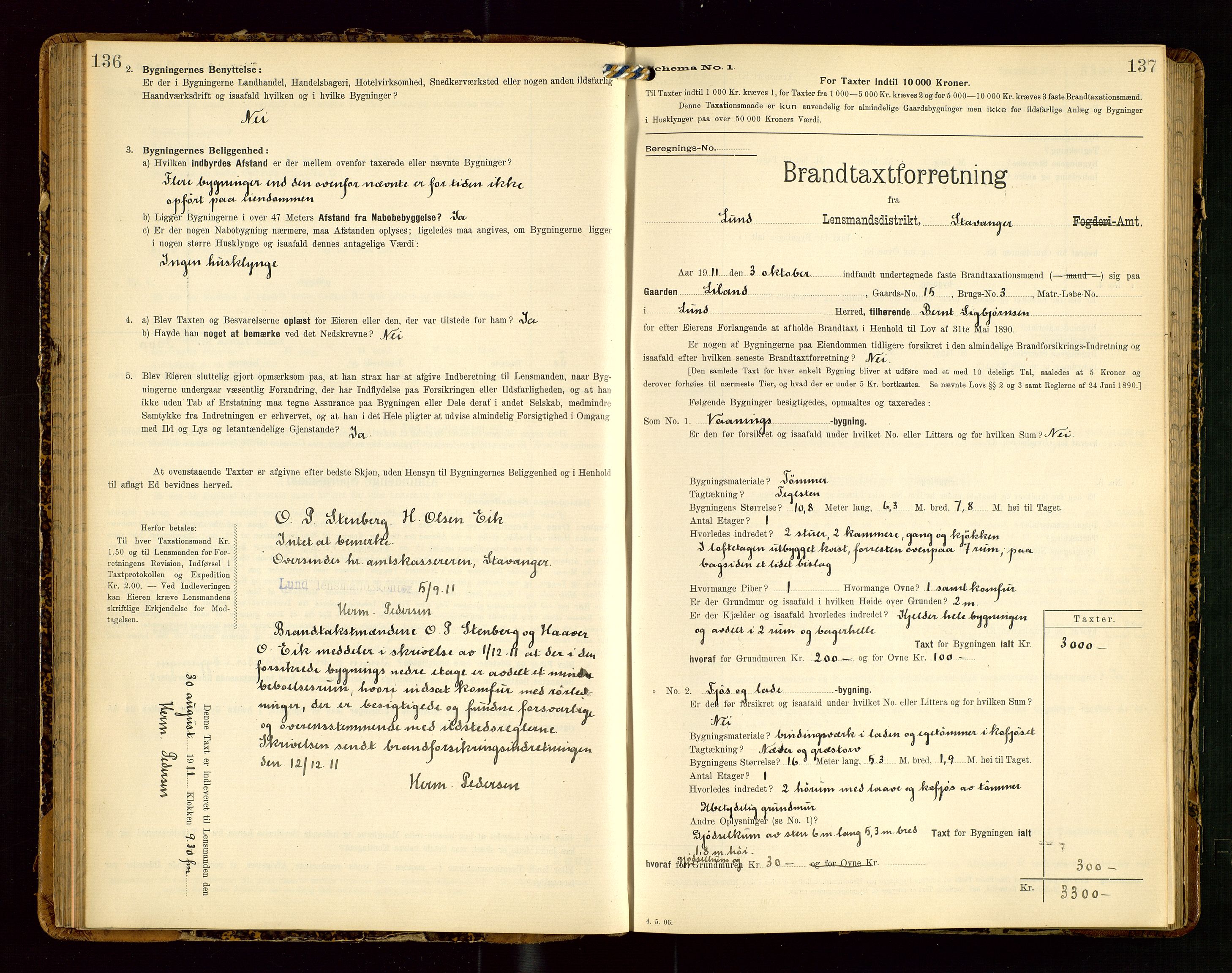 Lund lensmannskontor, SAST/A-100303/Gob/L0002: "Brandtakstprotokol", 1908-1918, p. 136-137