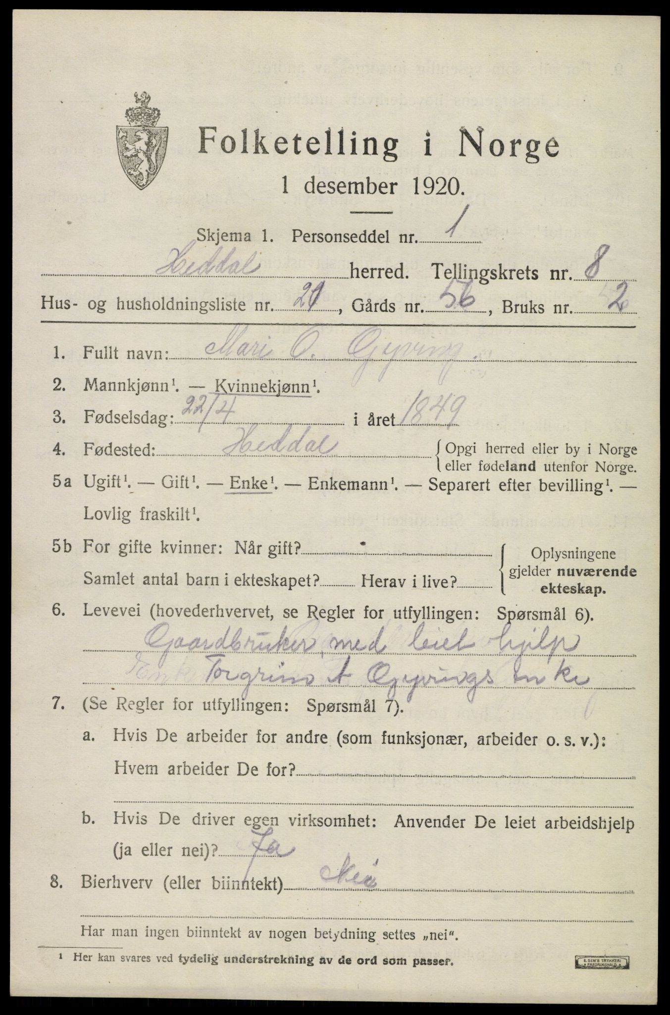 SAKO, 1920 census for Heddal, 1920, p. 6238