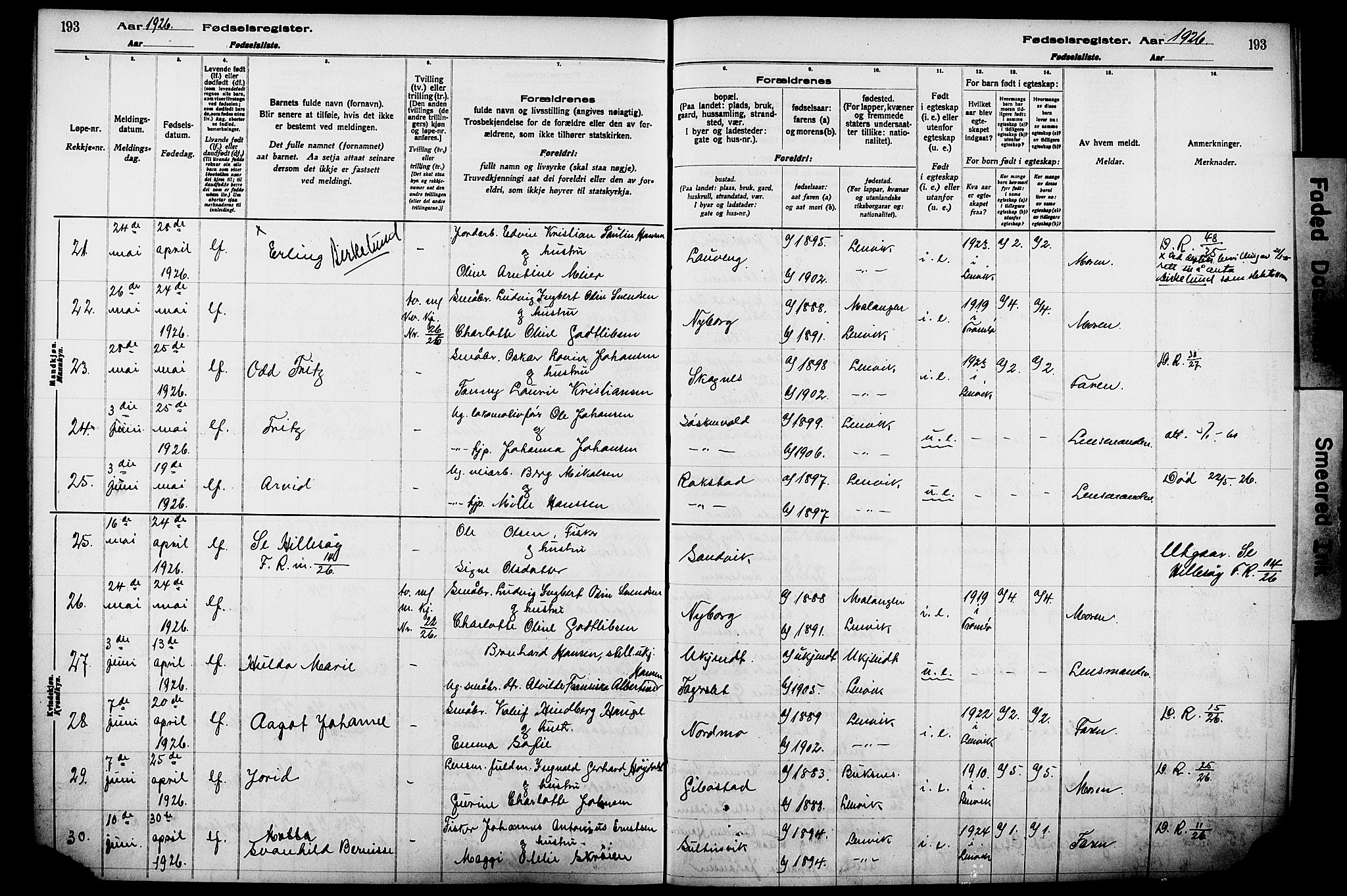 Lenvik sokneprestembete, AV/SATØ-S-1310/I/Ic/L0089: Birth register no. 89, 1916-1926, p. 193