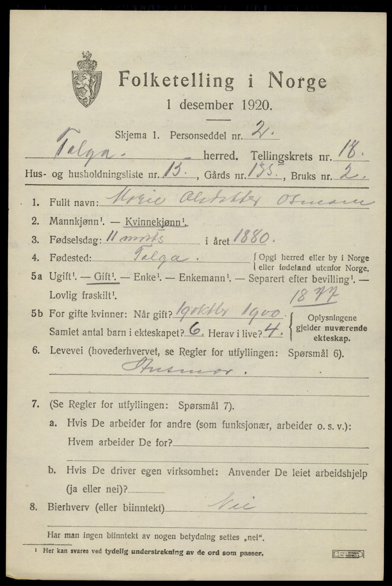 SAH, 1920 census for Tolga, 1920, p. 8413