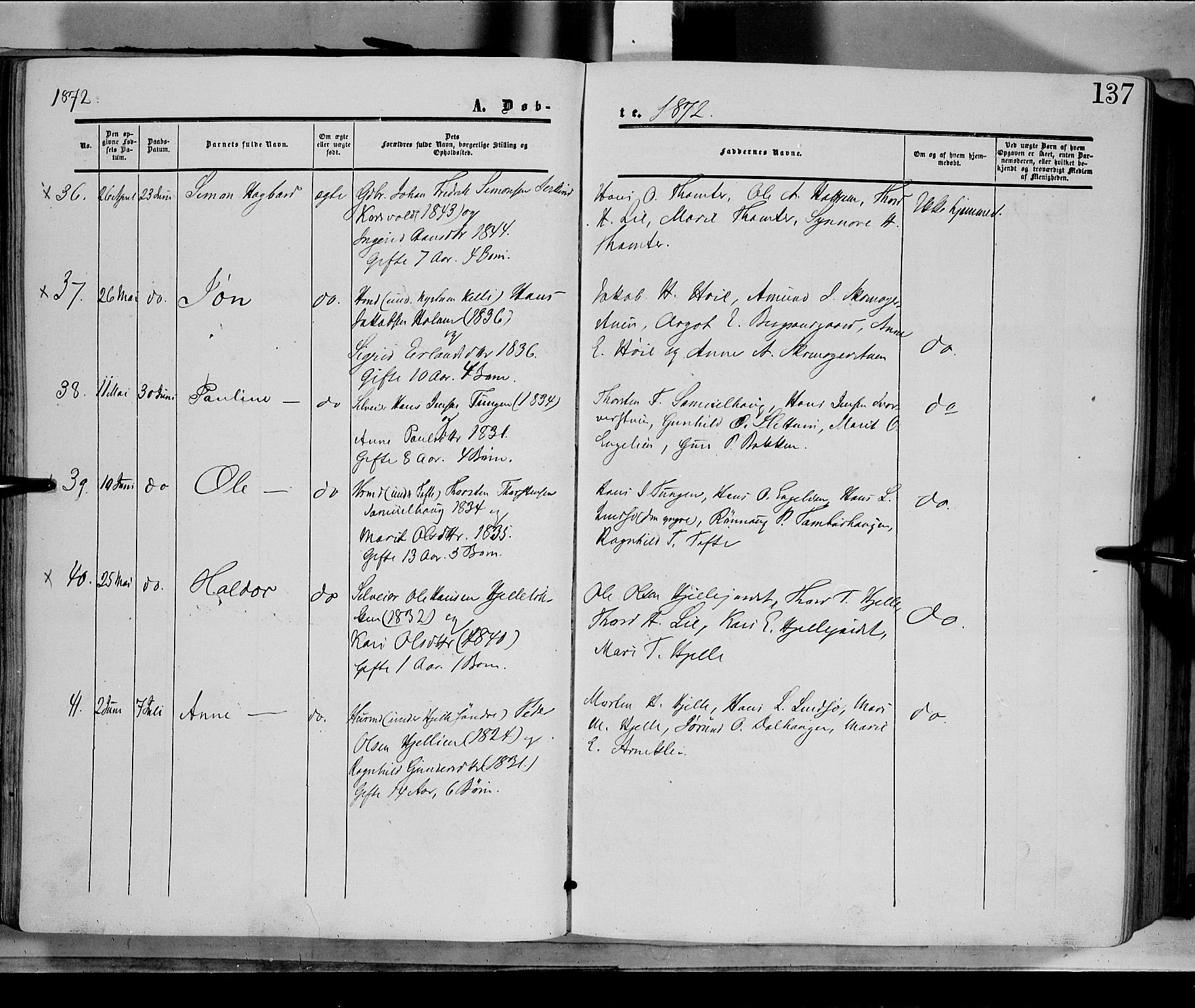 Dovre prestekontor, SAH/PREST-066/H/Ha/Haa/L0001: Parish register (official) no. 1, 1854-1878, p. 137