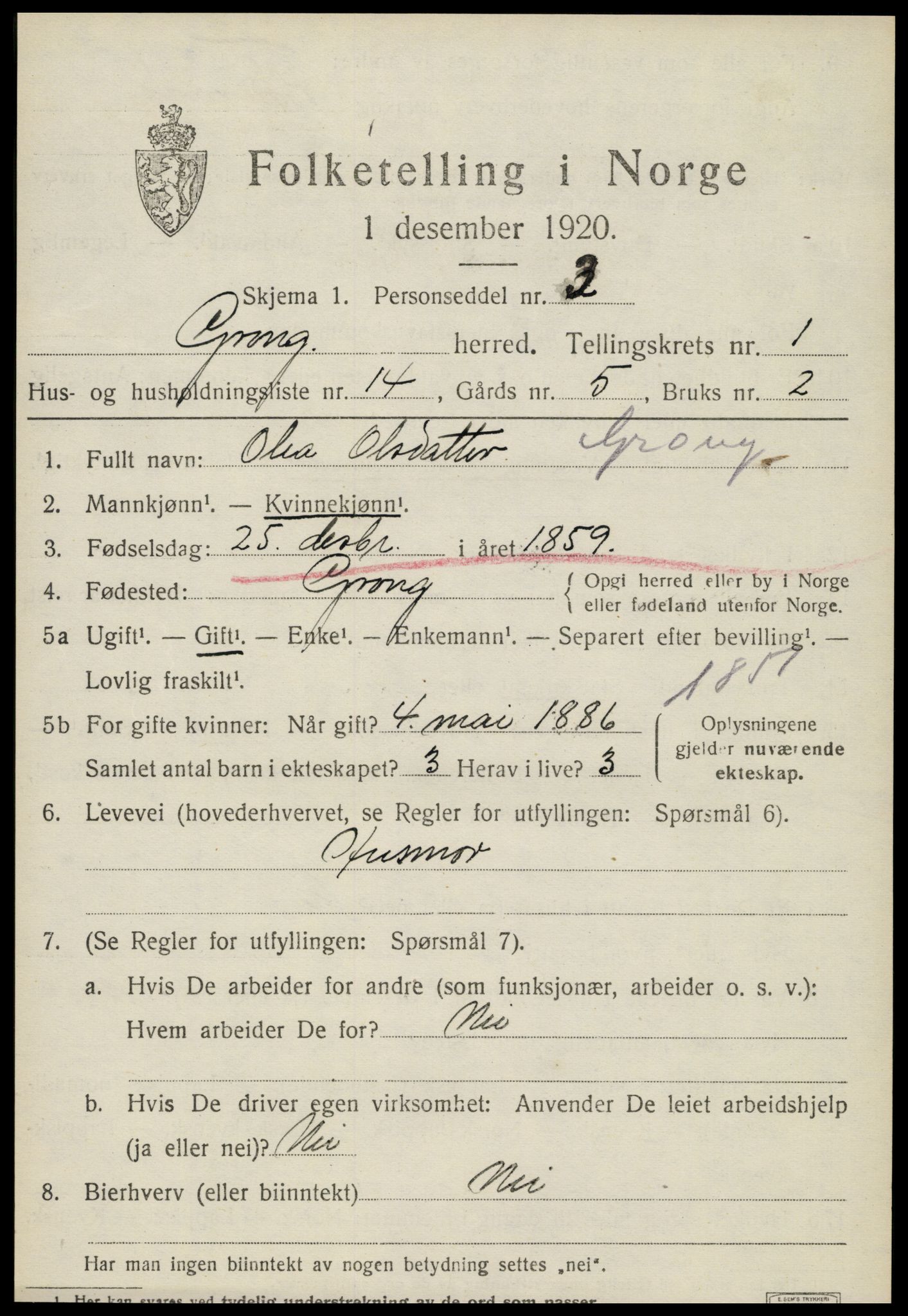 SAT, 1920 census for Grong, 1920, p. 1193
