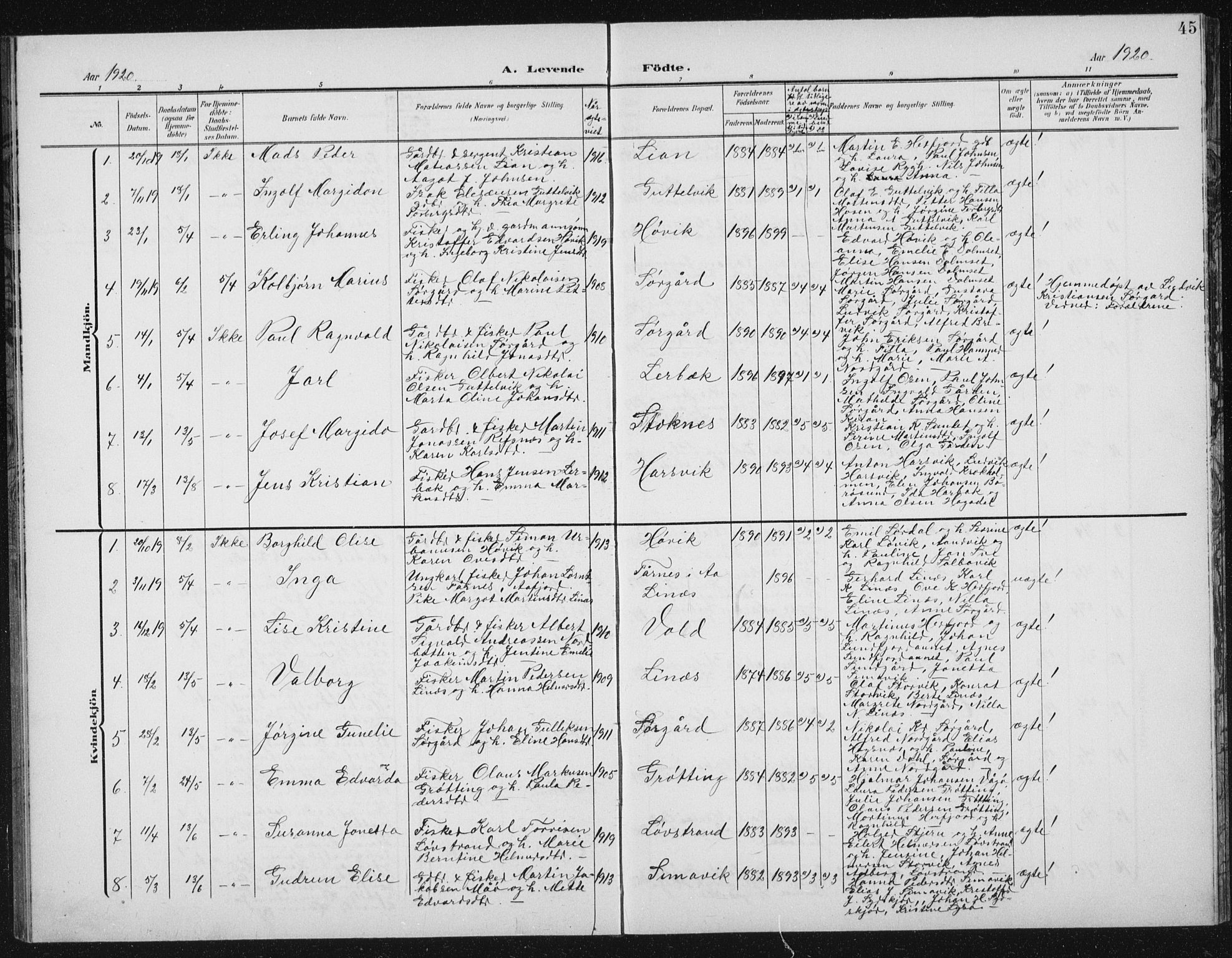Ministerialprotokoller, klokkerbøker og fødselsregistre - Sør-Trøndelag, SAT/A-1456/656/L0699: Parish register (copy) no. 656C05, 1905-1920, p. 45