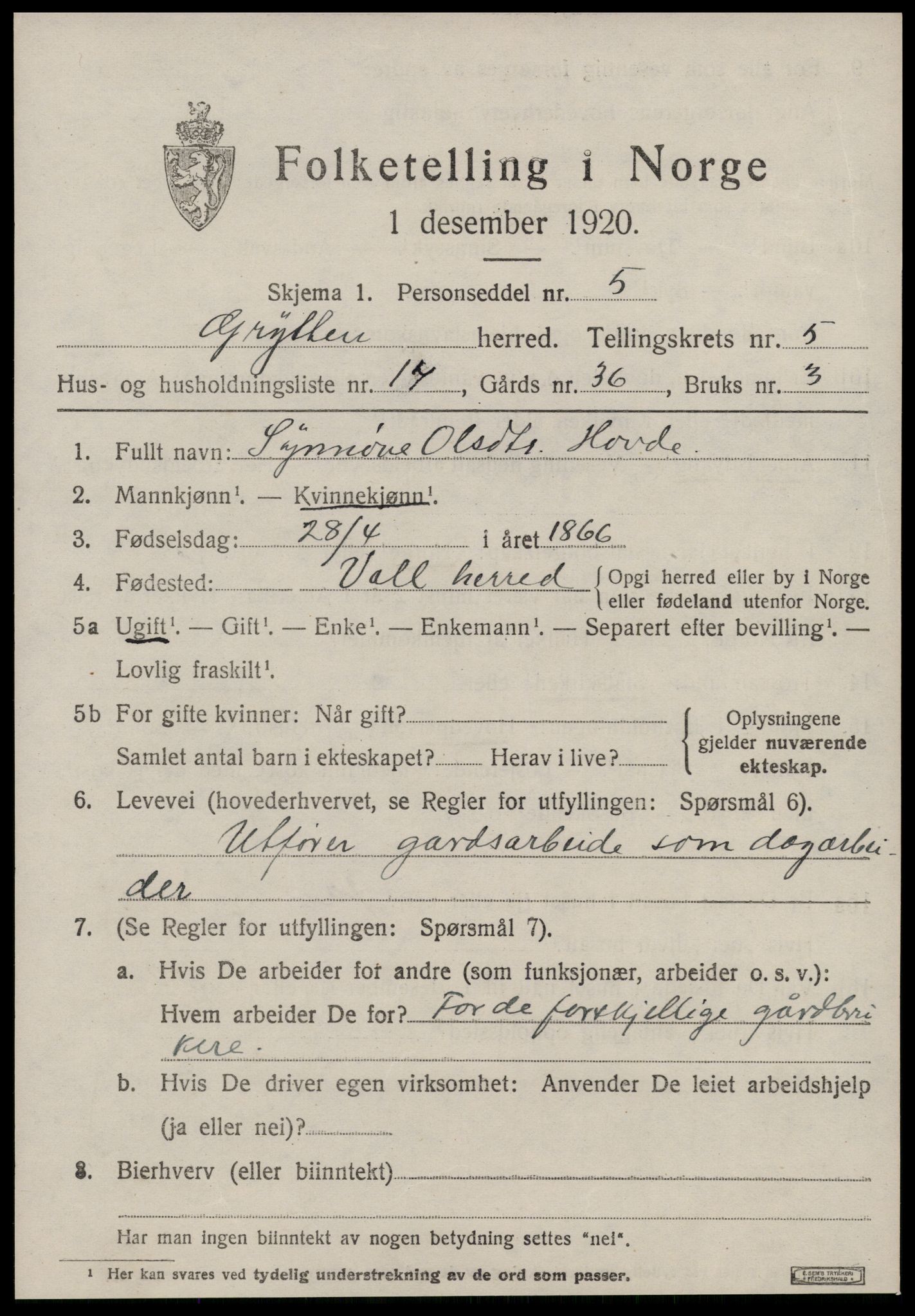 SAT, 1920 census for Grytten, 1920, p. 4146