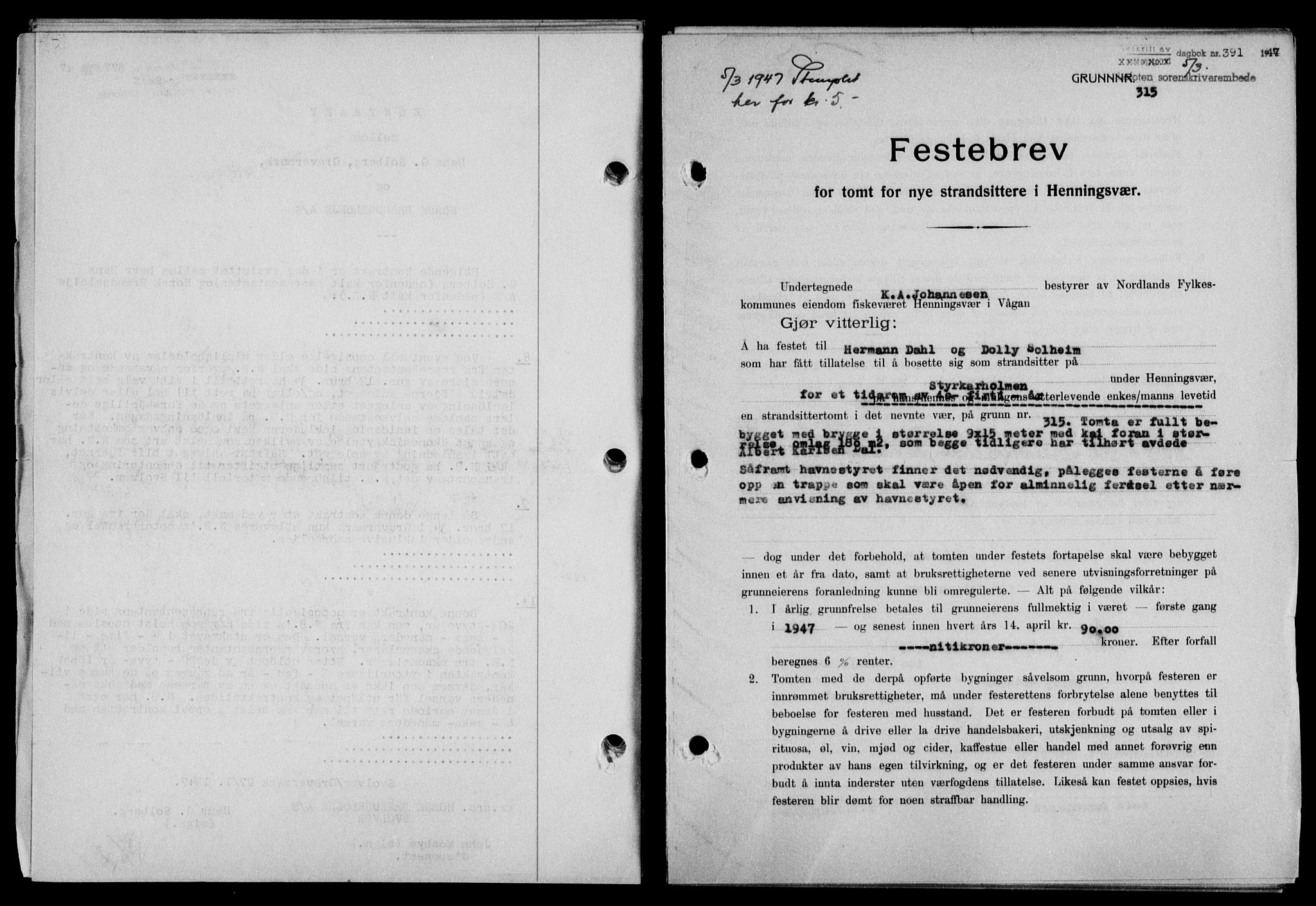 Lofoten sorenskriveri, SAT/A-0017/1/2/2C/L0015a: Mortgage book no. 15a, 1946-1947, Diary no: : 391/1947