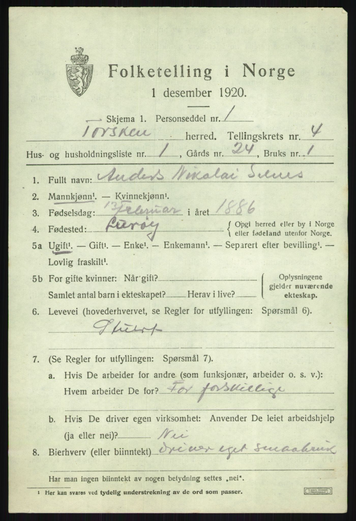 SATØ, 1920 census for Torsken, 1920, p. 1615