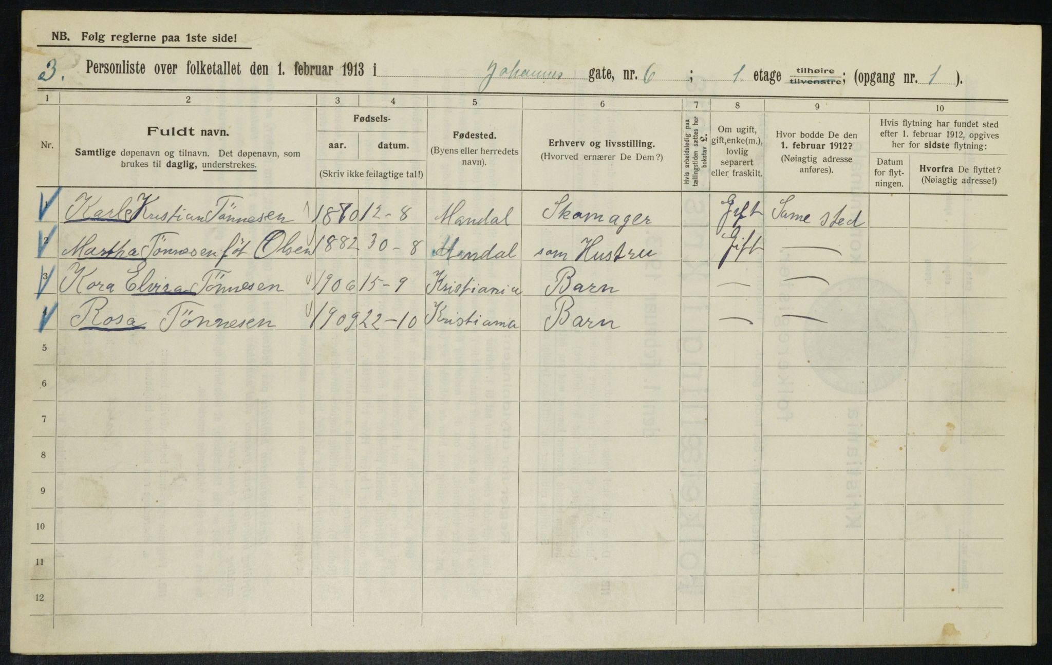 OBA, Municipal Census 1913 for Kristiania, 1913, p. 46924