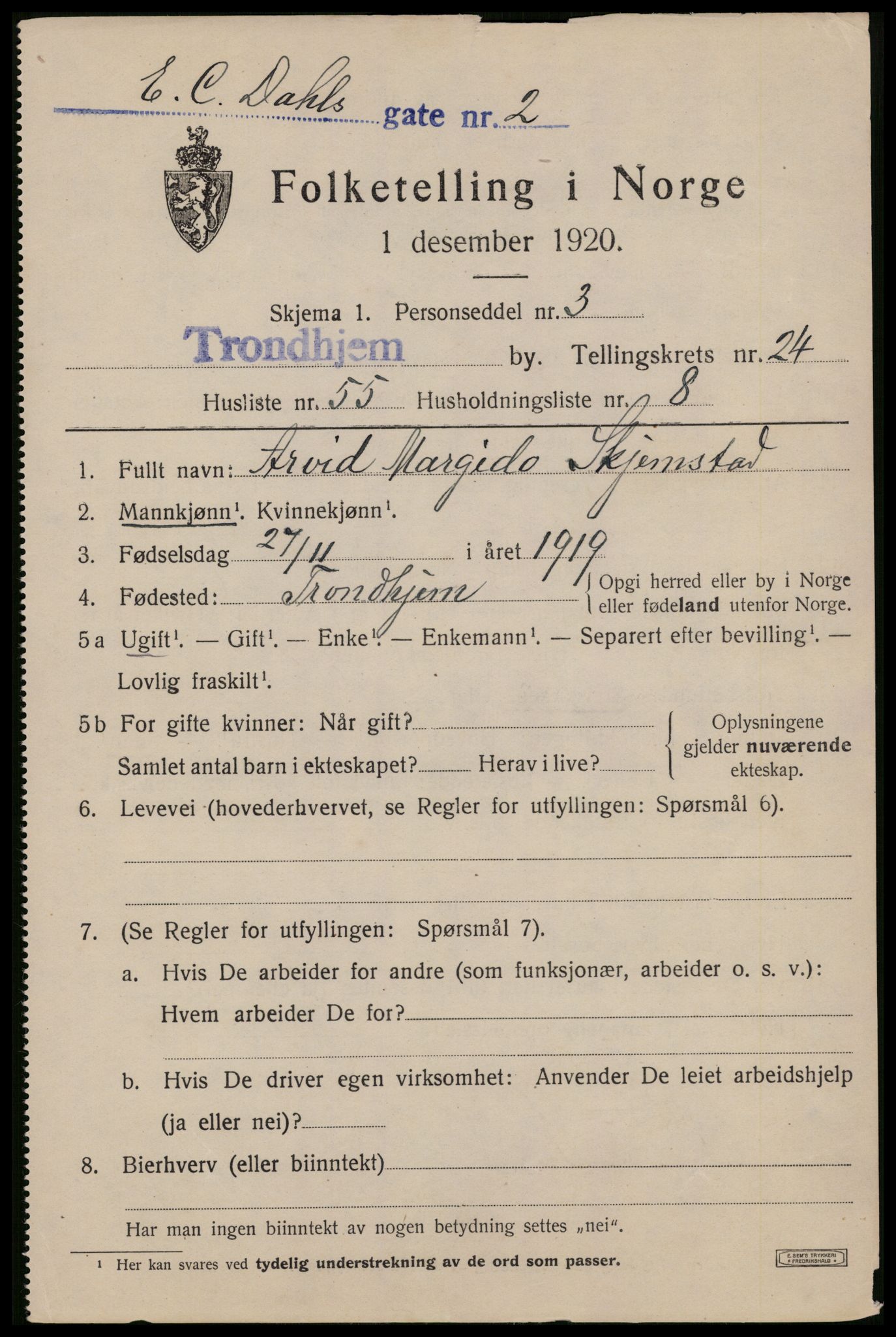 SAT, 1920 census for Trondheim, 1920, p. 67016