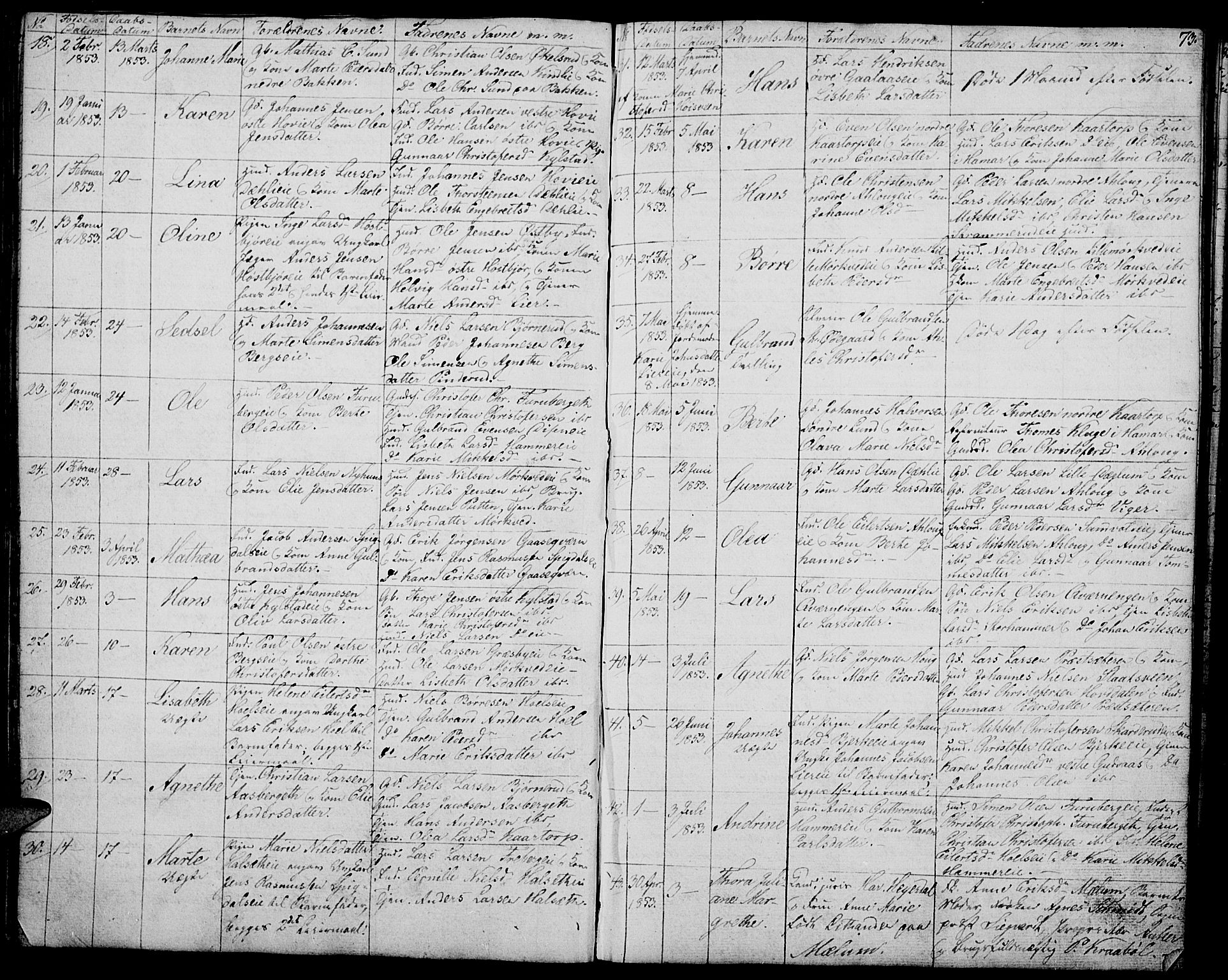 Vang prestekontor, Hedmark, AV/SAH-PREST-008/H/Ha/Hab/L0009: Parish register (copy) no. 9, 1836-1870, p. 73