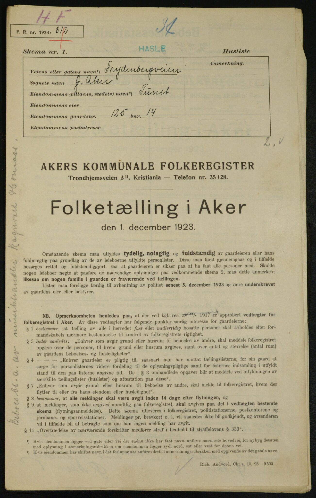 , Municipal Census 1923 for Aker, 1923, p. 24247