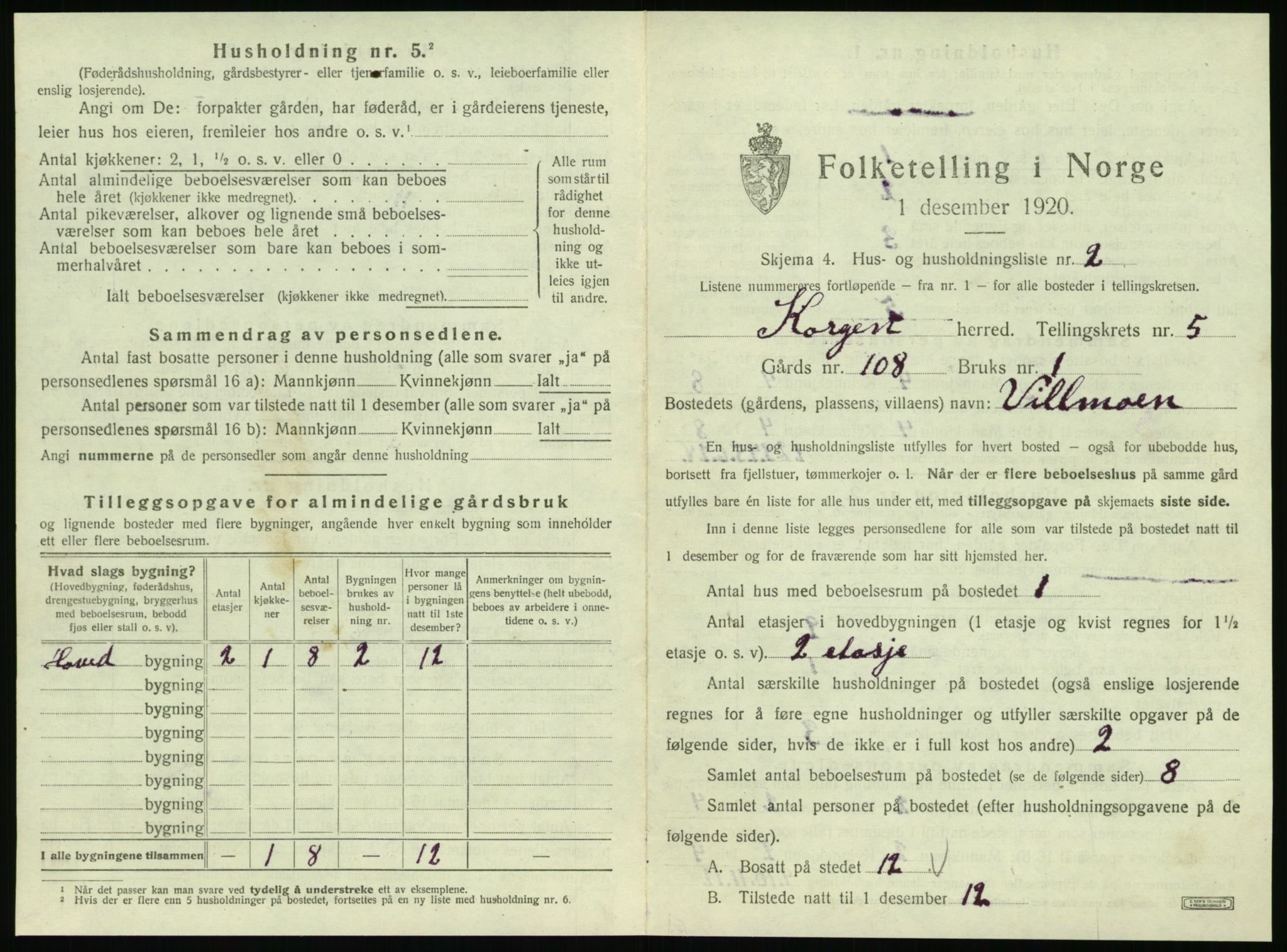 SAT, 1920 census for Korgen, 1920, p. 300