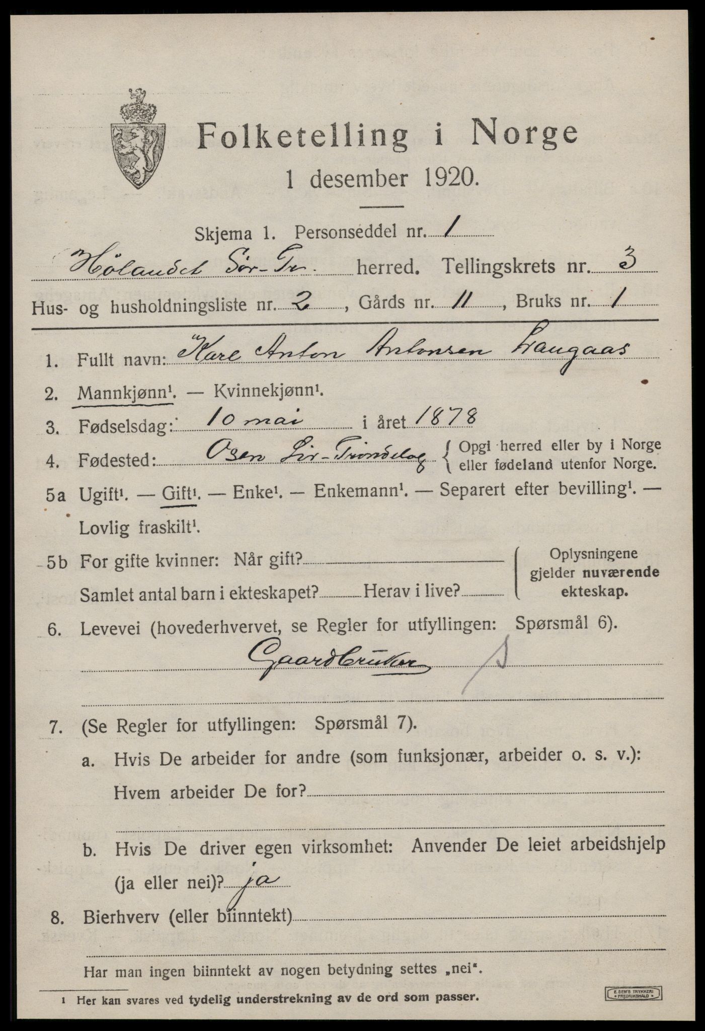 SAT, 1920 census for Hølonda, 1920, p. 1171