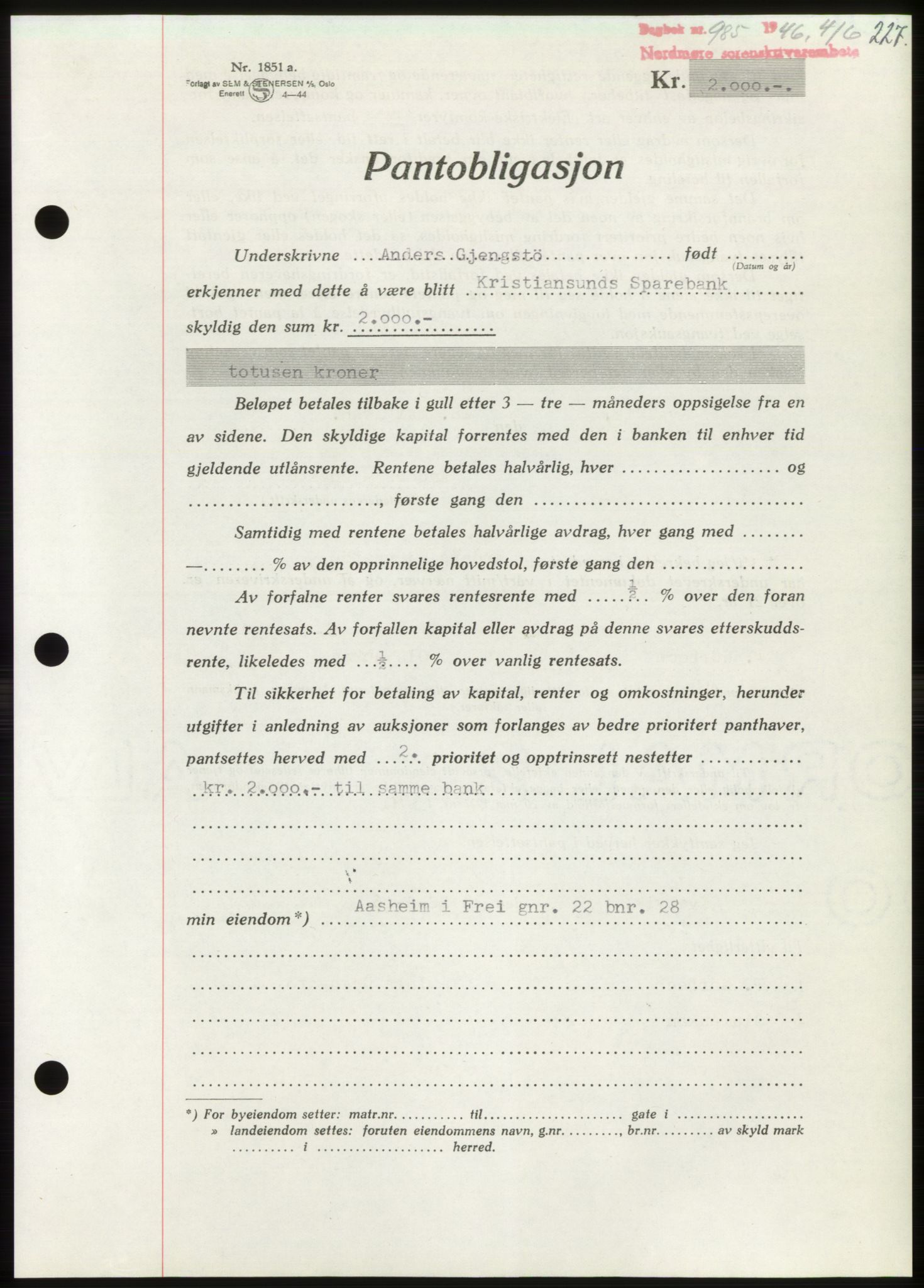 Nordmøre sorenskriveri, AV/SAT-A-4132/1/2/2Ca: Mortgage book no. B94, 1946-1946, Diary no: : 985/1946