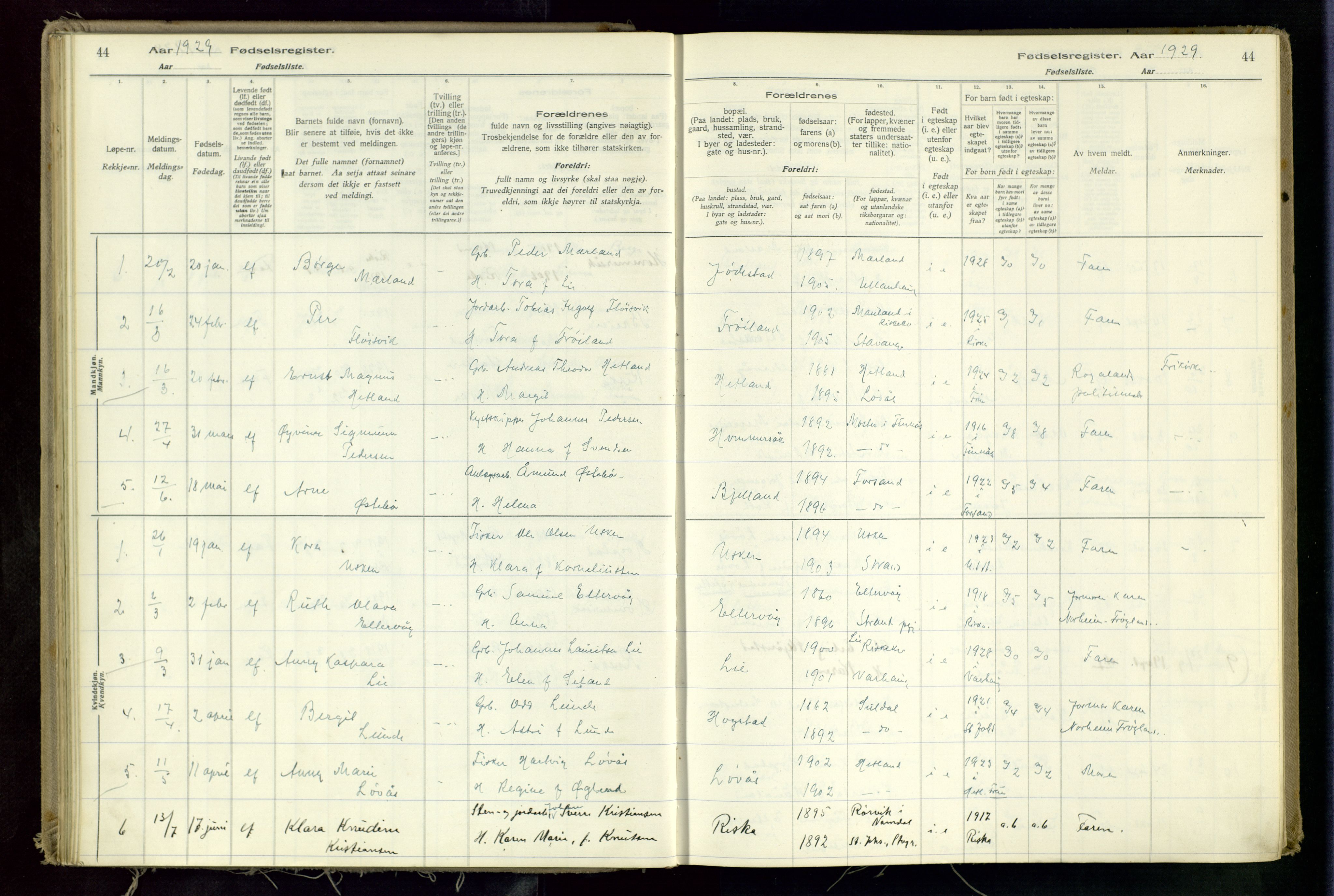 Hetland sokneprestkontor, SAST/A-101826/70/704BA/L0002: Birth register no. 2, 1916-1968, p. 44