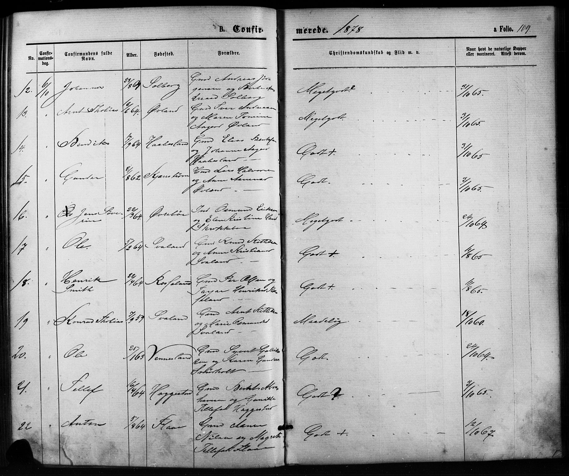 Birkenes sokneprestkontor, SAK/1111-0004/F/Fb/L0003: Parish register (copy) no. B 3, 1876-1892, p. 109