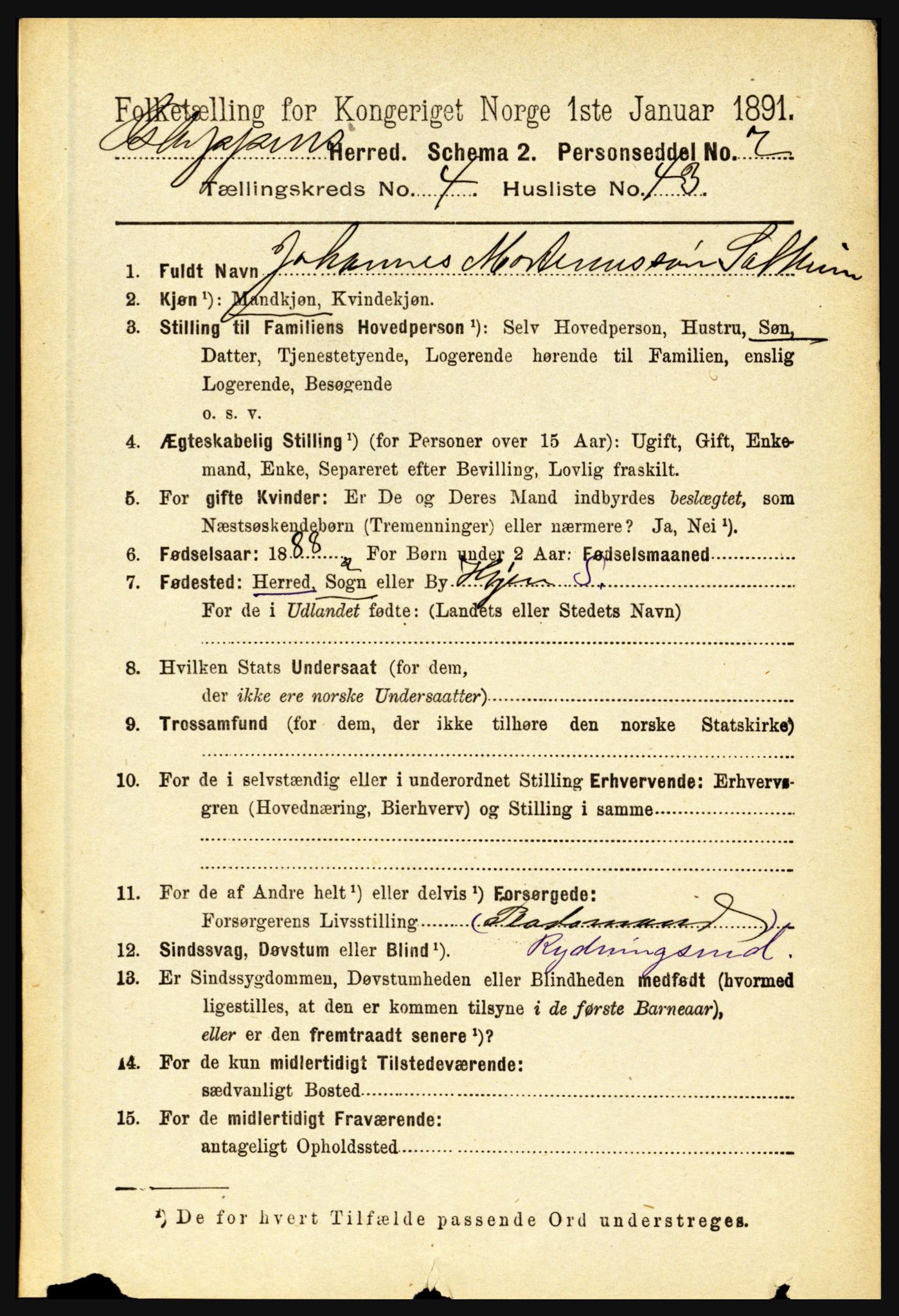 RA, 1891 census for 1445 Gloppen, 1891, p. 2025