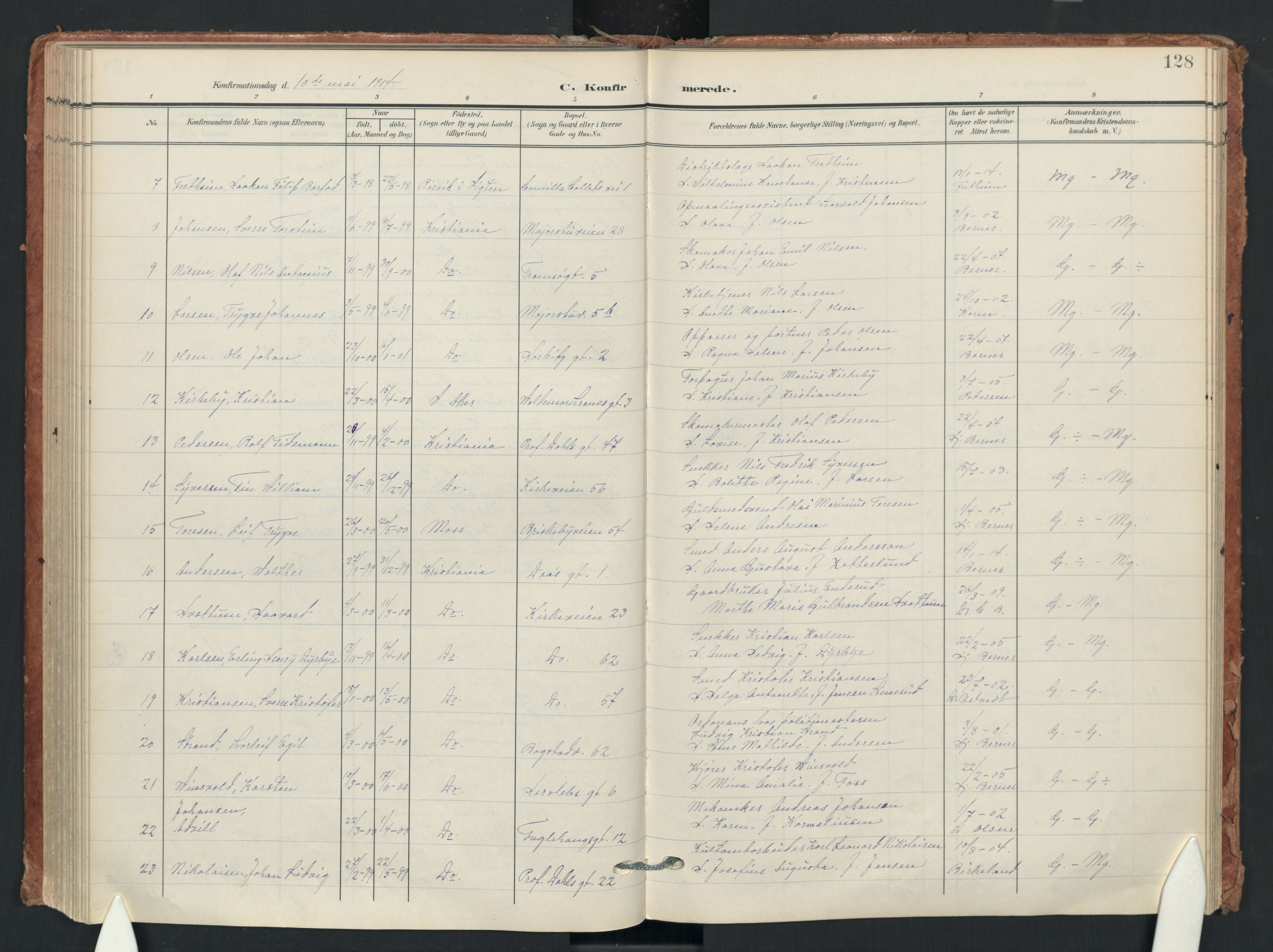 Uranienborg prestekontor Kirkebøker, SAO/A-10877/F/Fa/L0009: Parish register (official) no. 9, 1904-1919, p. 128