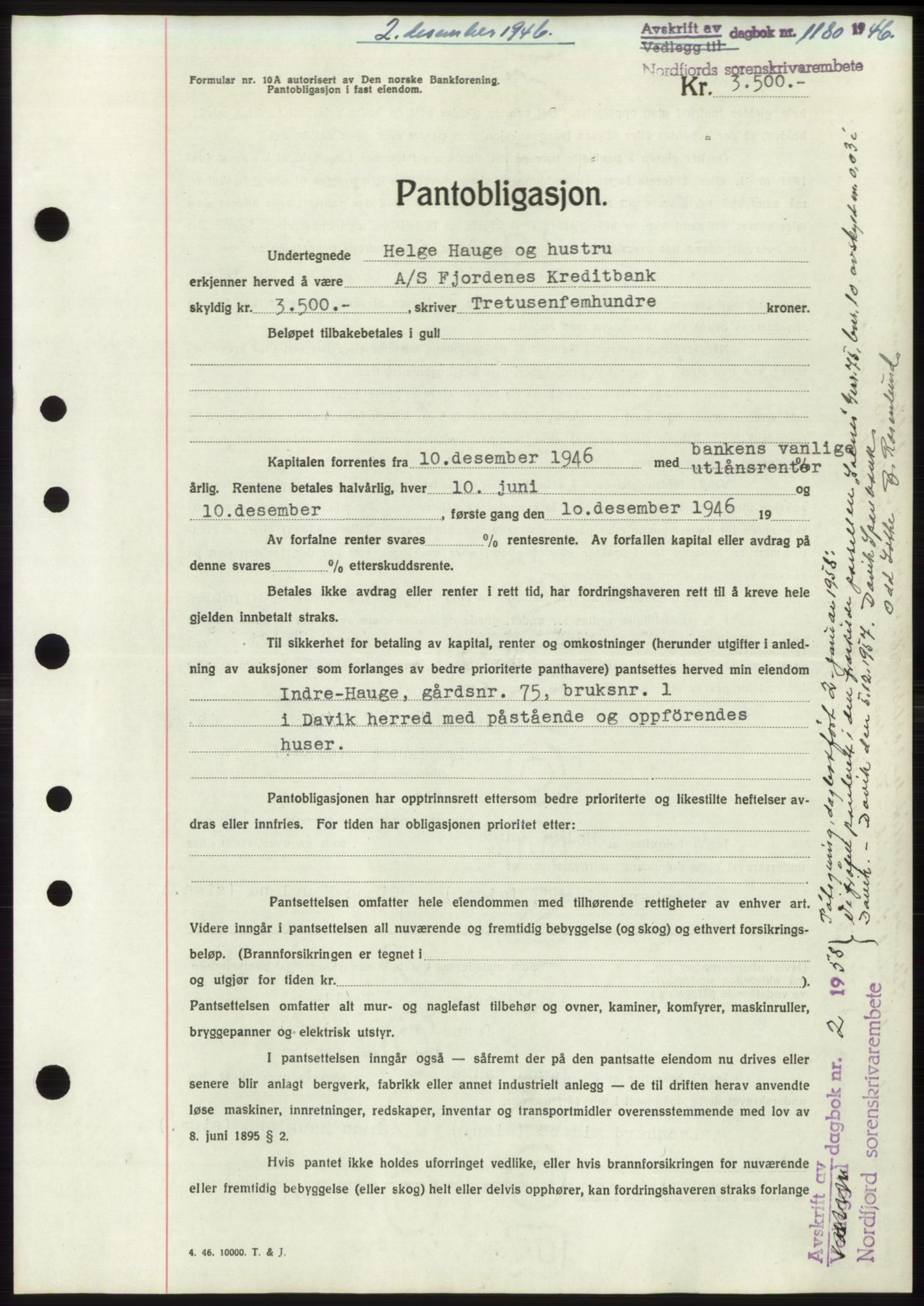 Nordfjord sorenskriveri, SAB/A-2801/02/02b/02bk/L0005: Mortgage book no. B7-8, 1946-1947, Diary no: : 1180/1946