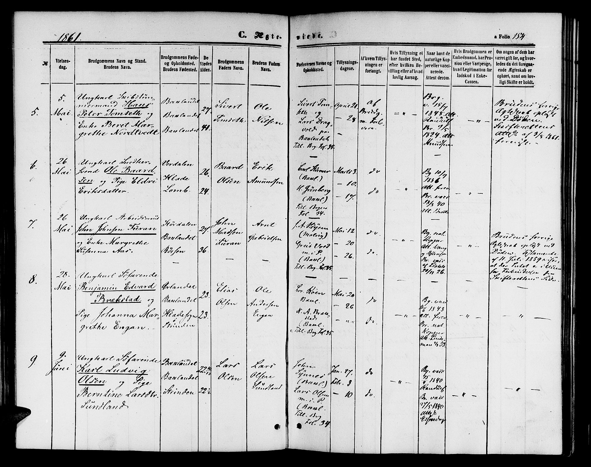 Ministerialprotokoller, klokkerbøker og fødselsregistre - Sør-Trøndelag, SAT/A-1456/604/L0185: Parish register (official) no. 604A06, 1861-1865, p. 154