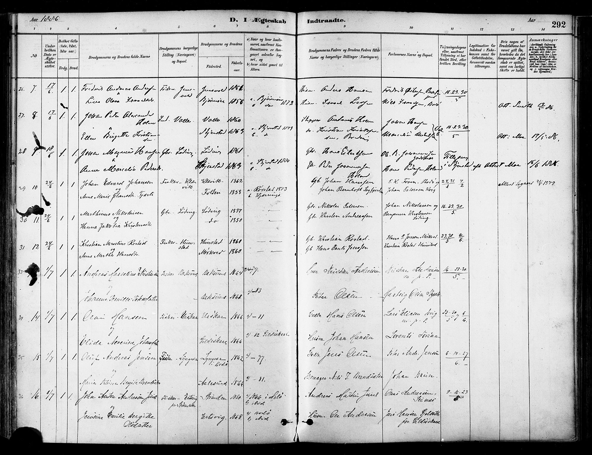 Ministerialprotokoller, klokkerbøker og fødselsregistre - Nordland, AV/SAT-A-1459/802/L0054: Parish register (official) no. 802A01, 1879-1893, p. 292