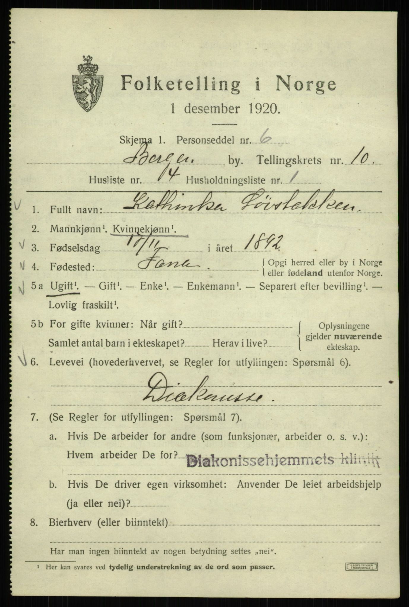 SAB, 1920 census for Bergen, 1920, p. 71377