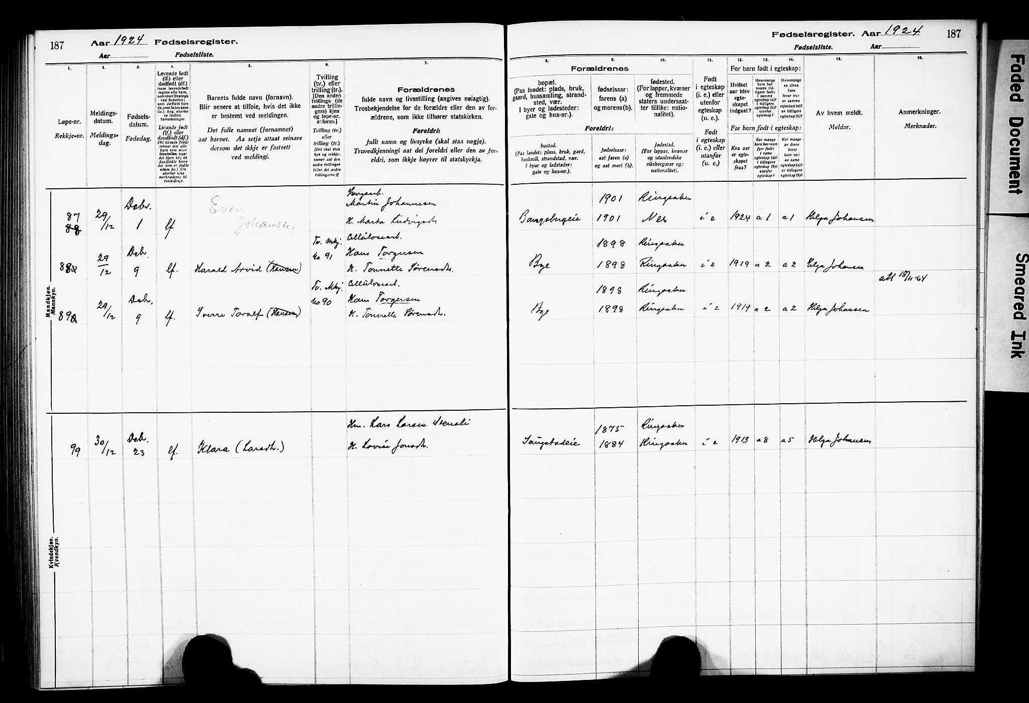 Ringsaker prestekontor, AV/SAH-PREST-014/O/Oa/L0001: Birth register no. 1, 1916-1925, p. 187